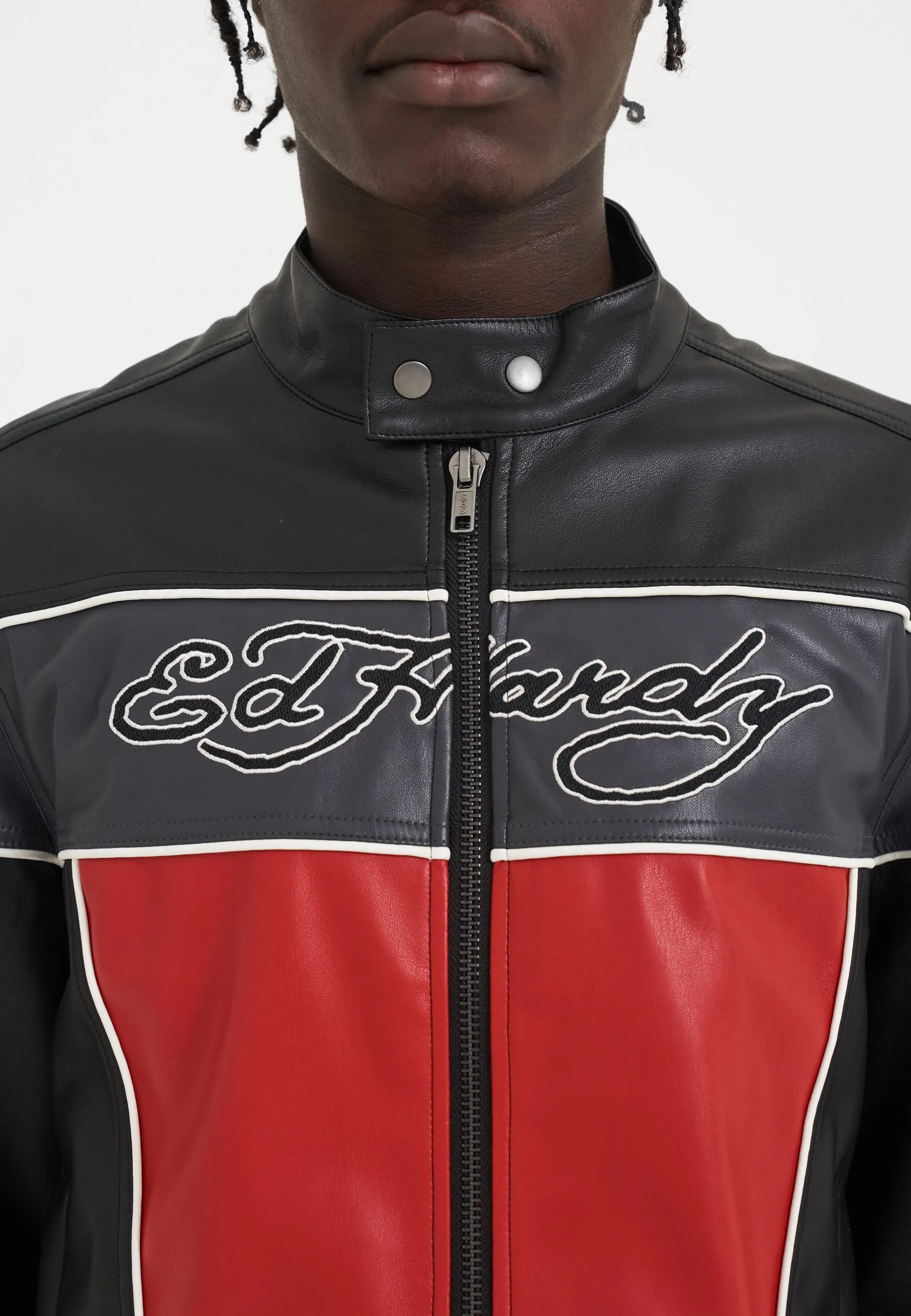 Mens Holly Panther Vegan Leather Motocross Jacket - Black/Red