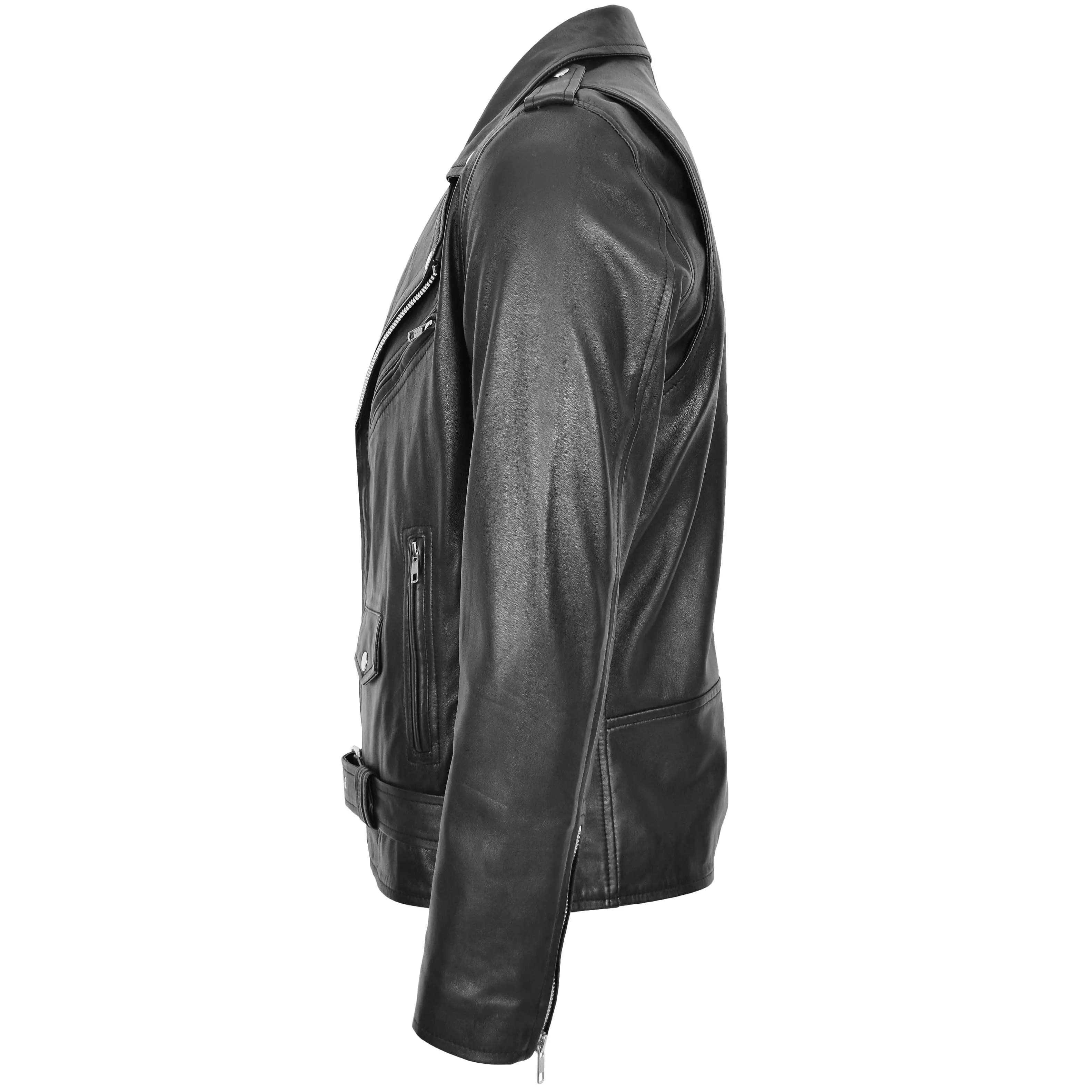 Mens Leather Biker Jacket Brando Style Johnny Black