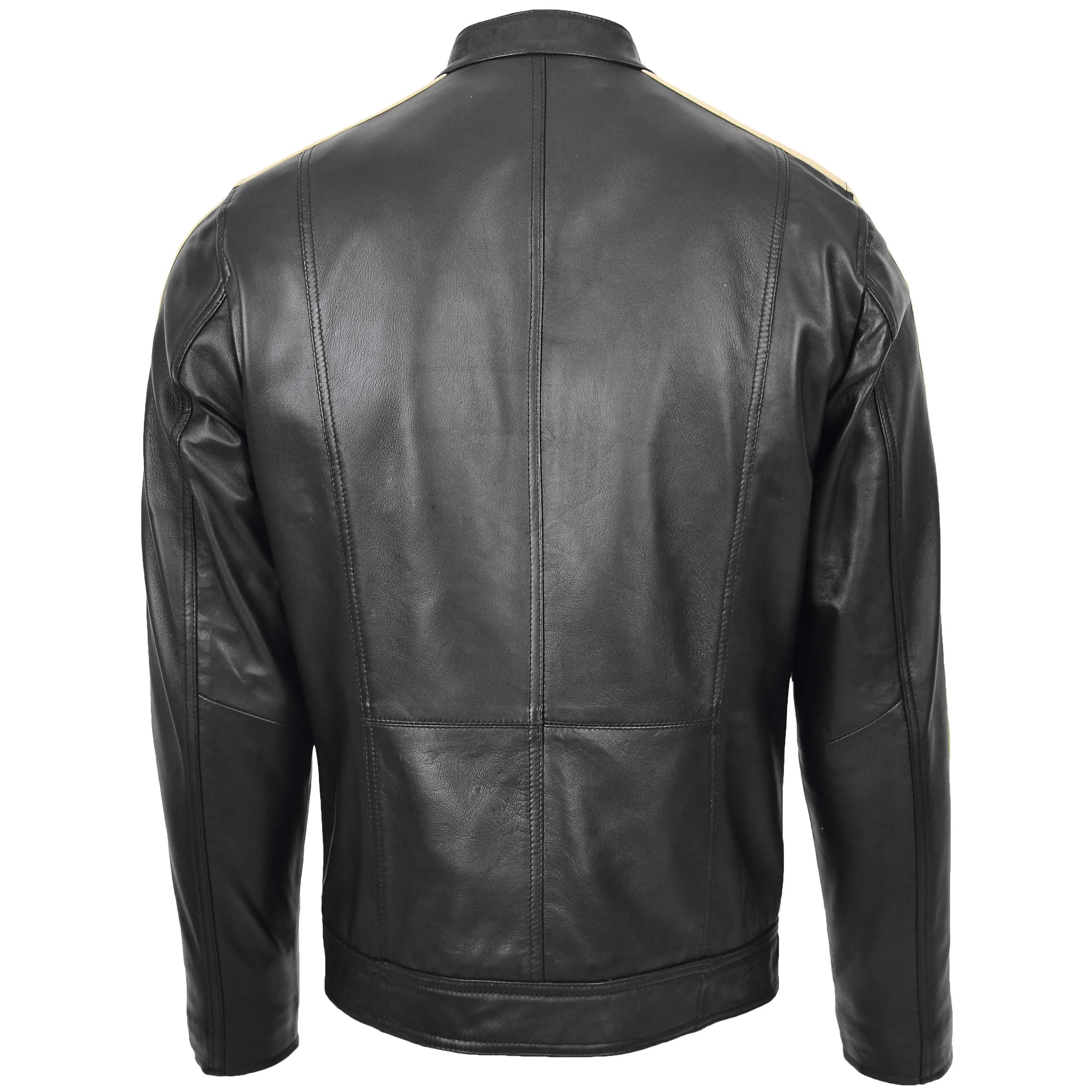 Mens Leather Biker Jacket with Racing Stripes Clyde Black