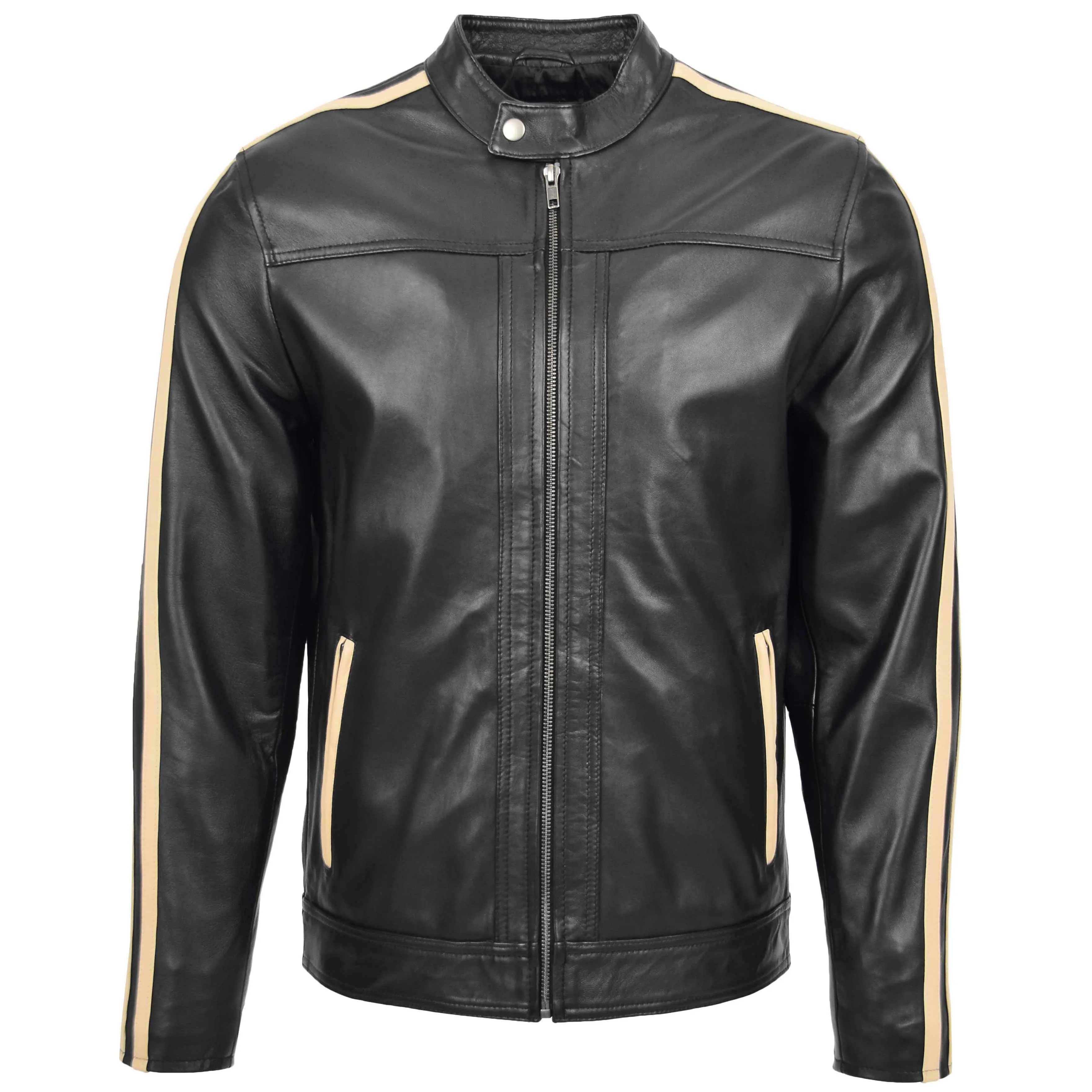 Mens Leather Biker Jacket with Racing Stripes Clyde Black