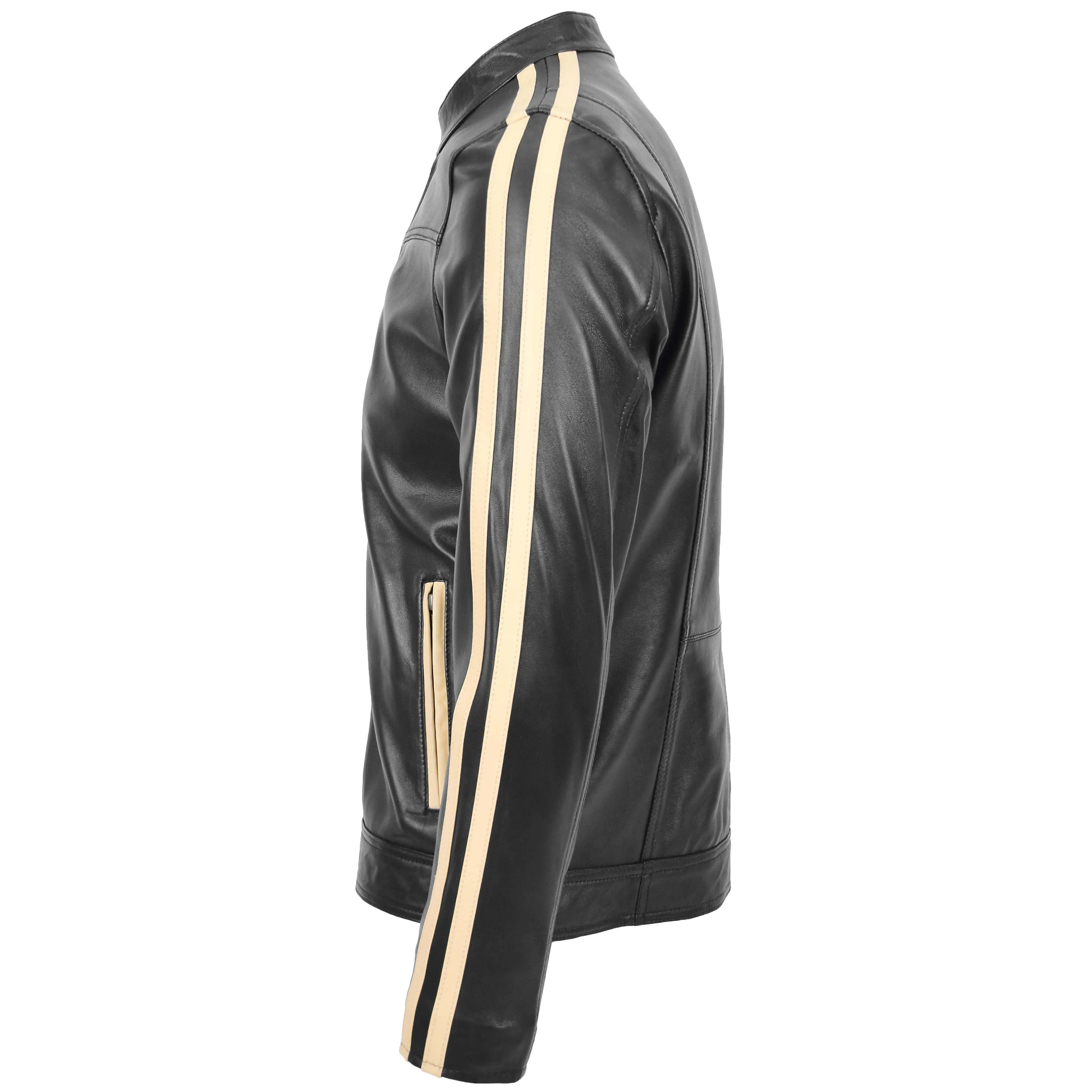 Mens Leather Biker Jacket with Racing Stripes Clyde Black