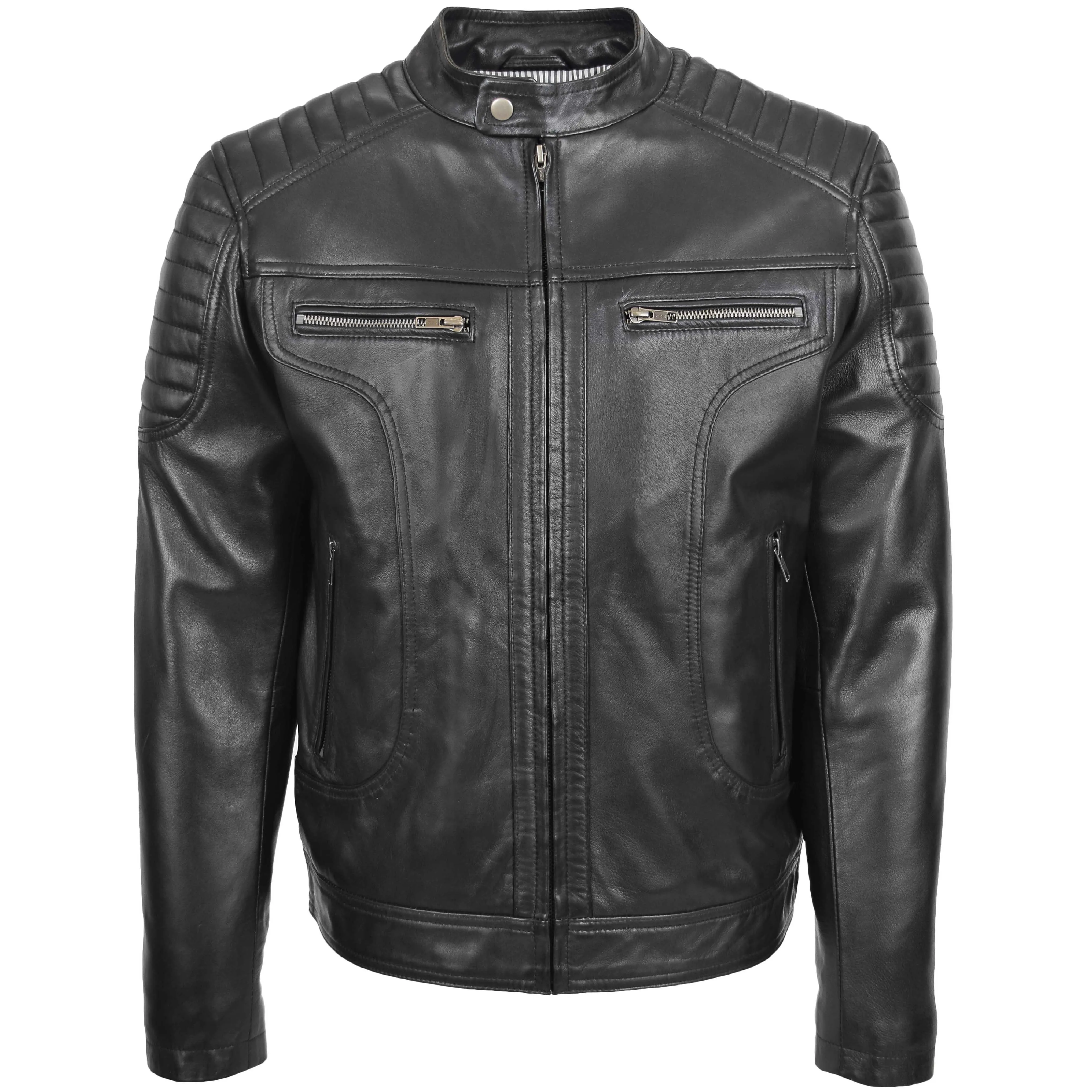 Mens Leather Biker Style Zip Jacket Eddie Black