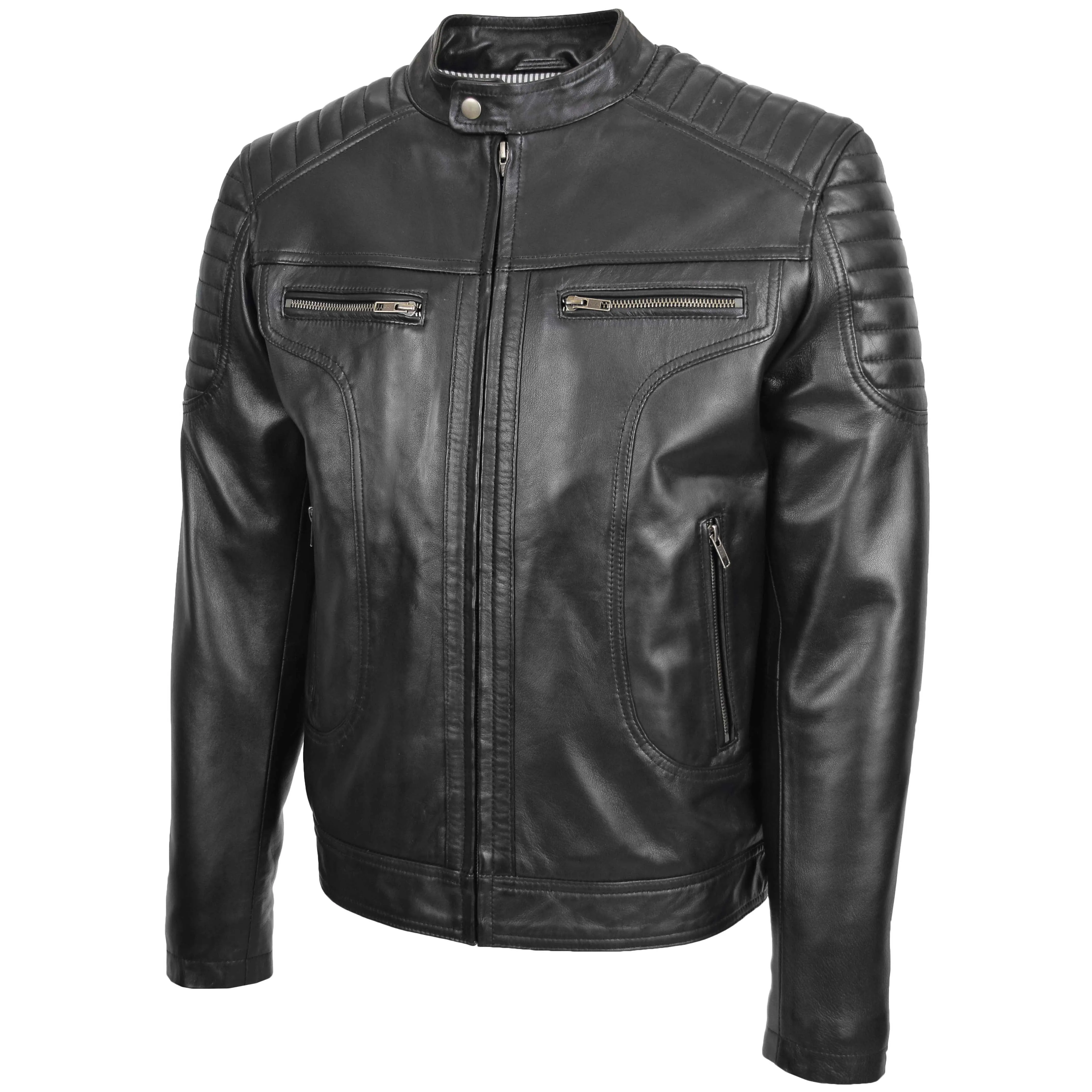 Mens Leather Biker Style Zip Jacket Eddie Black