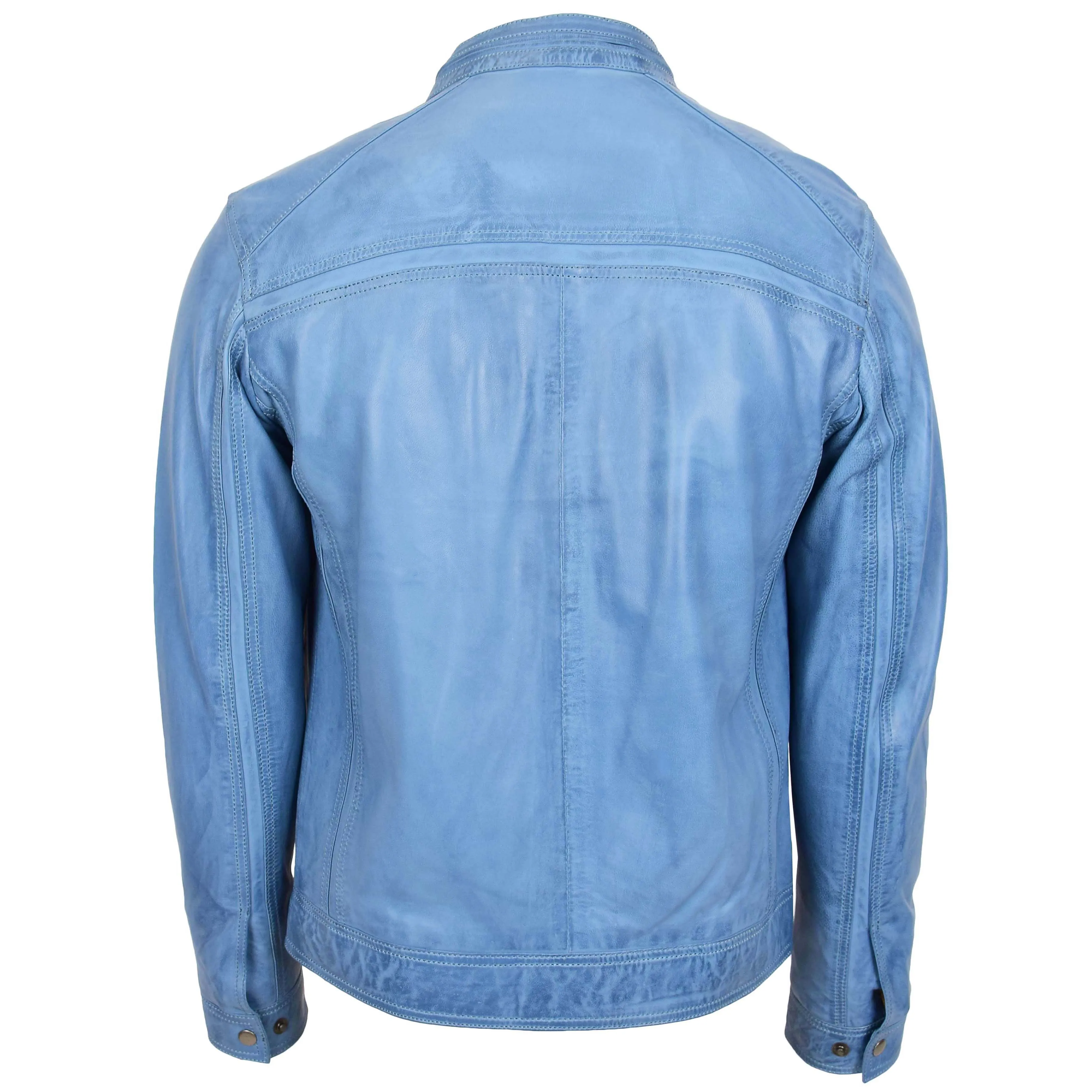 Mens Leather Cafe Racer Biker Jacket Charlie Sky Blue