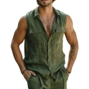 Men's Retro Solid Color Pocket Sleeveless Shirt Tank Top 00025462TO