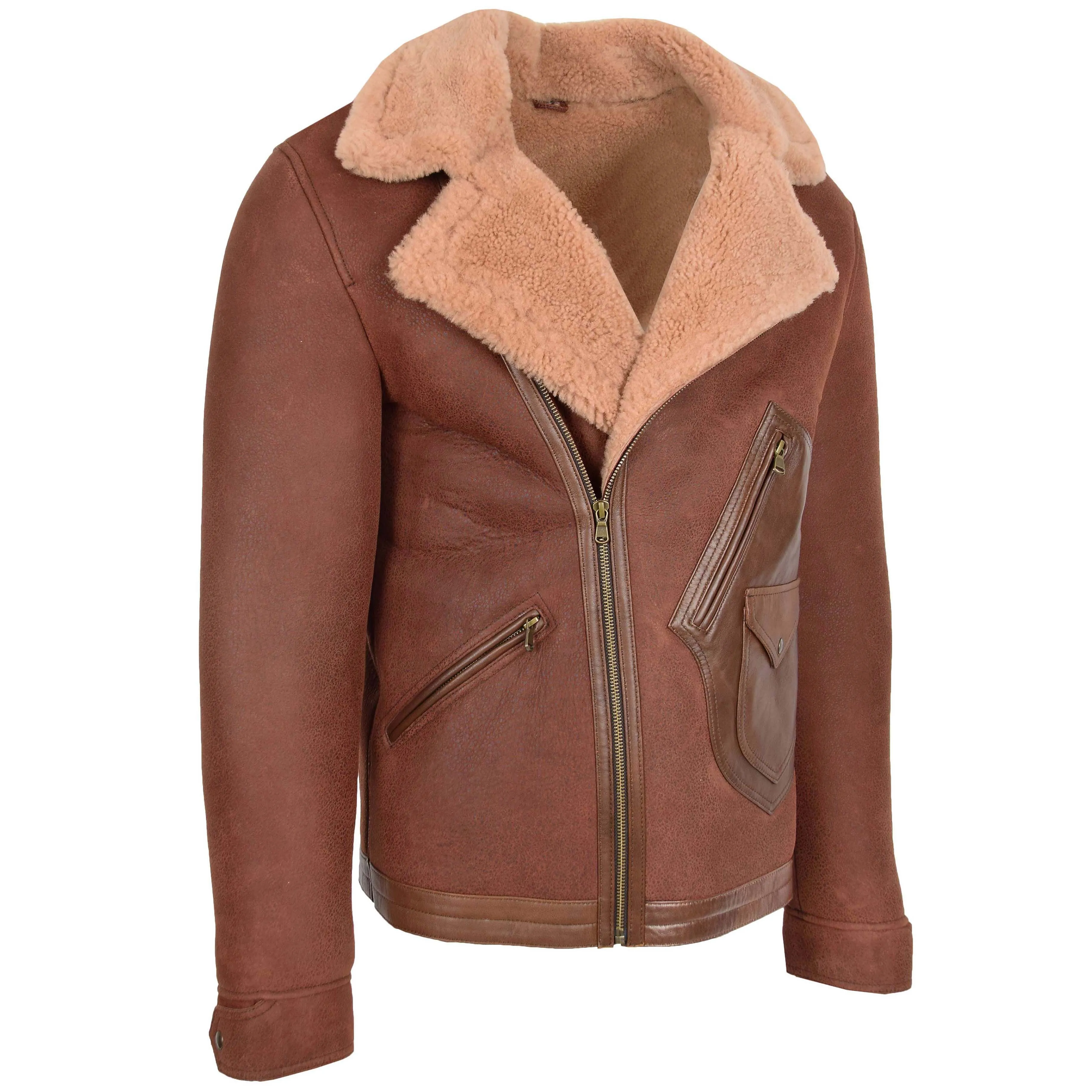 Mens Sheepskin Aviator Jacket Cross Zip Biker Style Dustin Brown Ginger