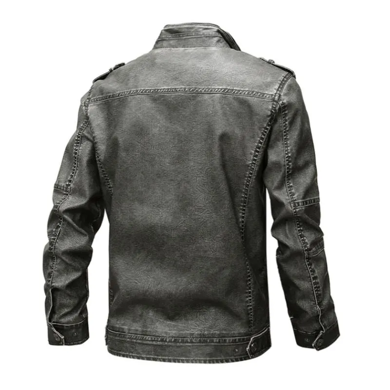 Men's Vintage Stand Collar Multi-Pocket Zippered Leather Motorcycle Jacket 41400561M