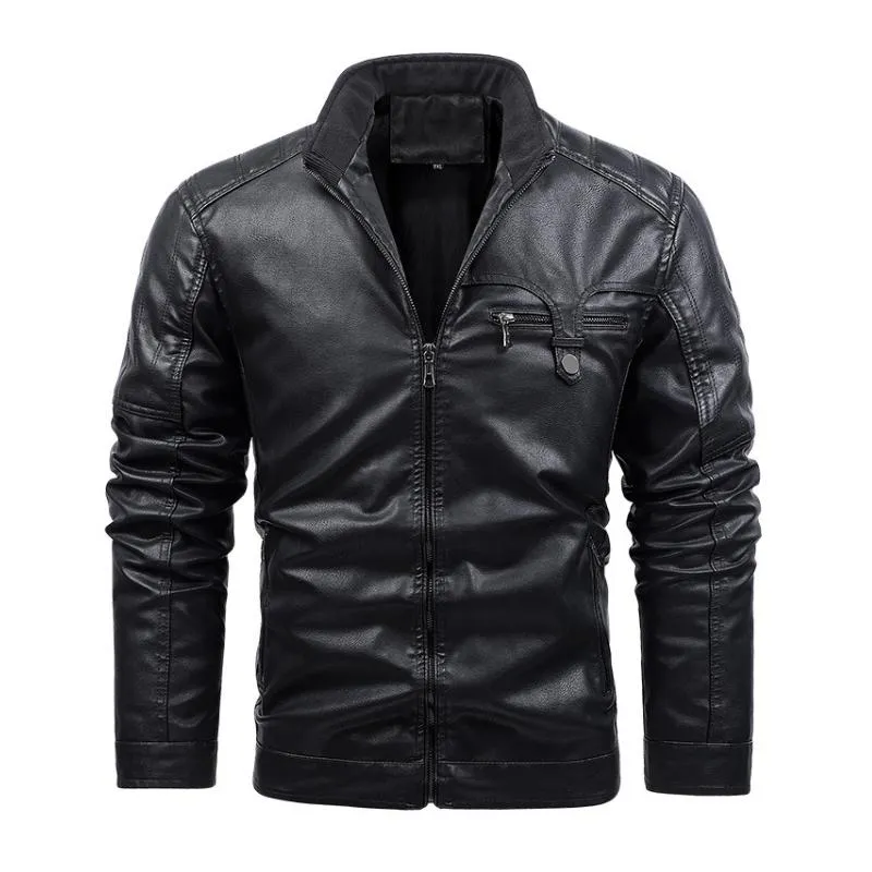 Men's Vintage Stand Collar Zipper Slim Fit Leather Jacket 03185957M