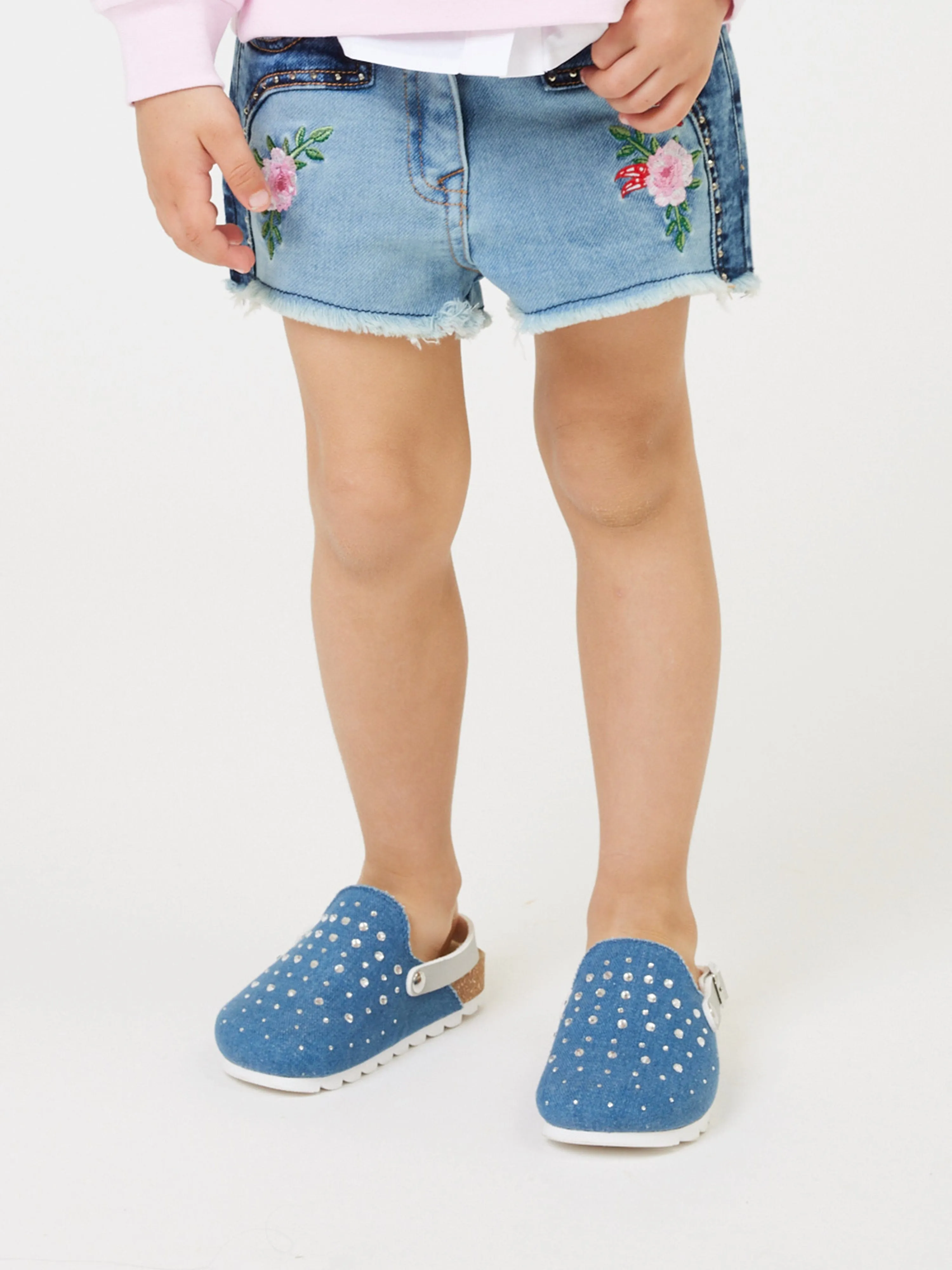 Monnalisa Girls Denim Rhinestone Sandals in Blue