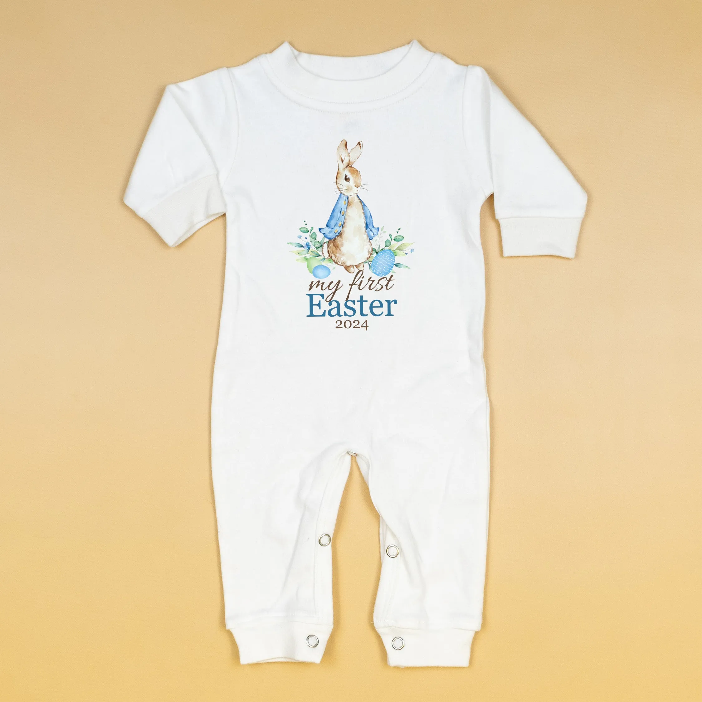 My First Easter w/ Blue Cottontail Rabbit | White Long Romper