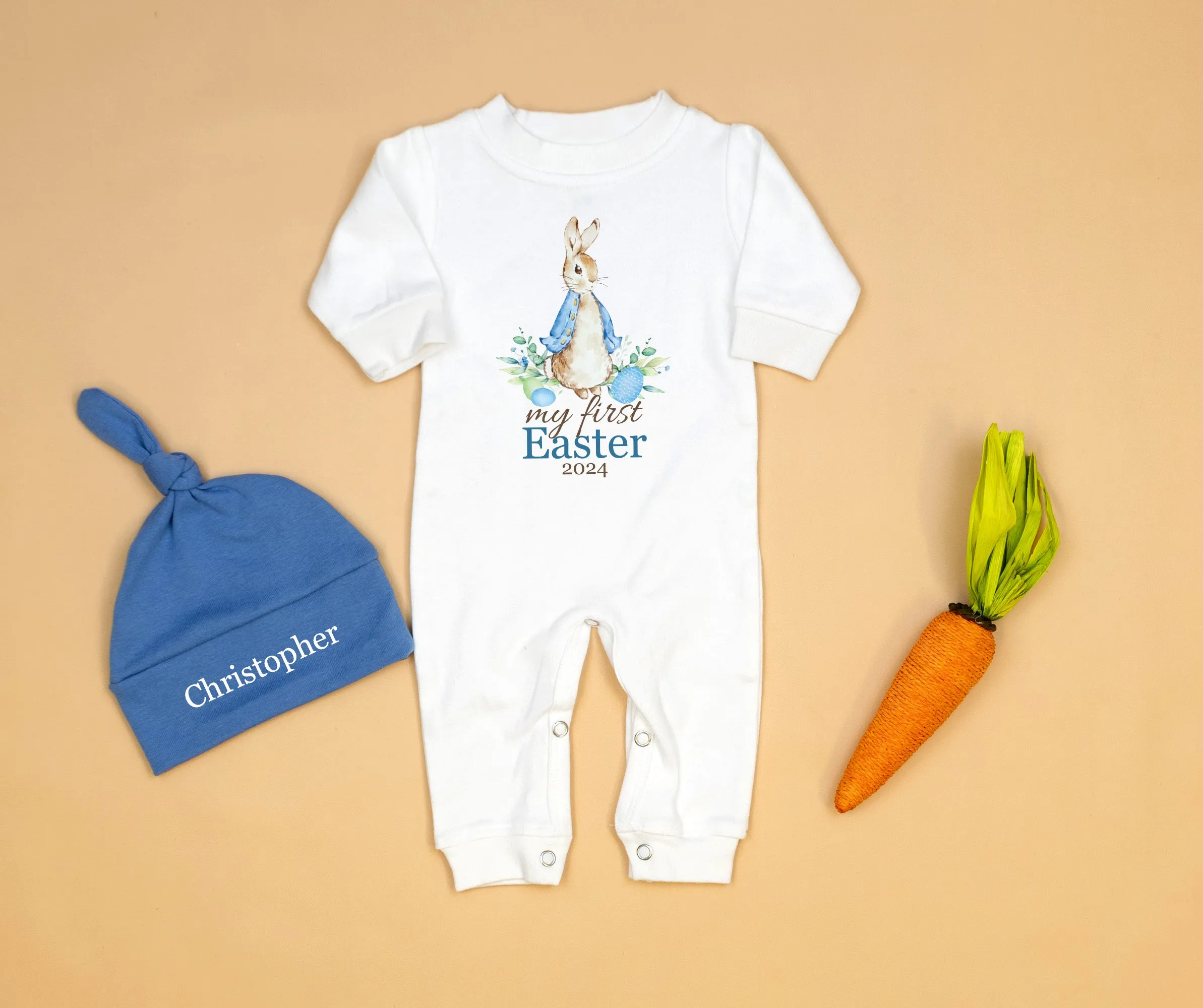 My First Easter w/ Blue Cottontail Rabbit | White Long Romper