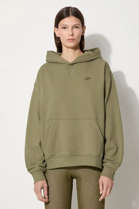 New Balance cotton sweatshirt women's green color hooded WT41537DEK