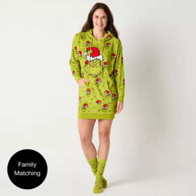 new!Womens Grinch Dr. Seuss Fleece Long Sleeve Hooded Nightshirt