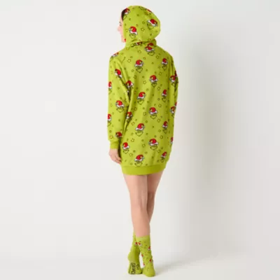 new!Womens Grinch Dr. Seuss Fleece Long Sleeve Hooded Nightshirt