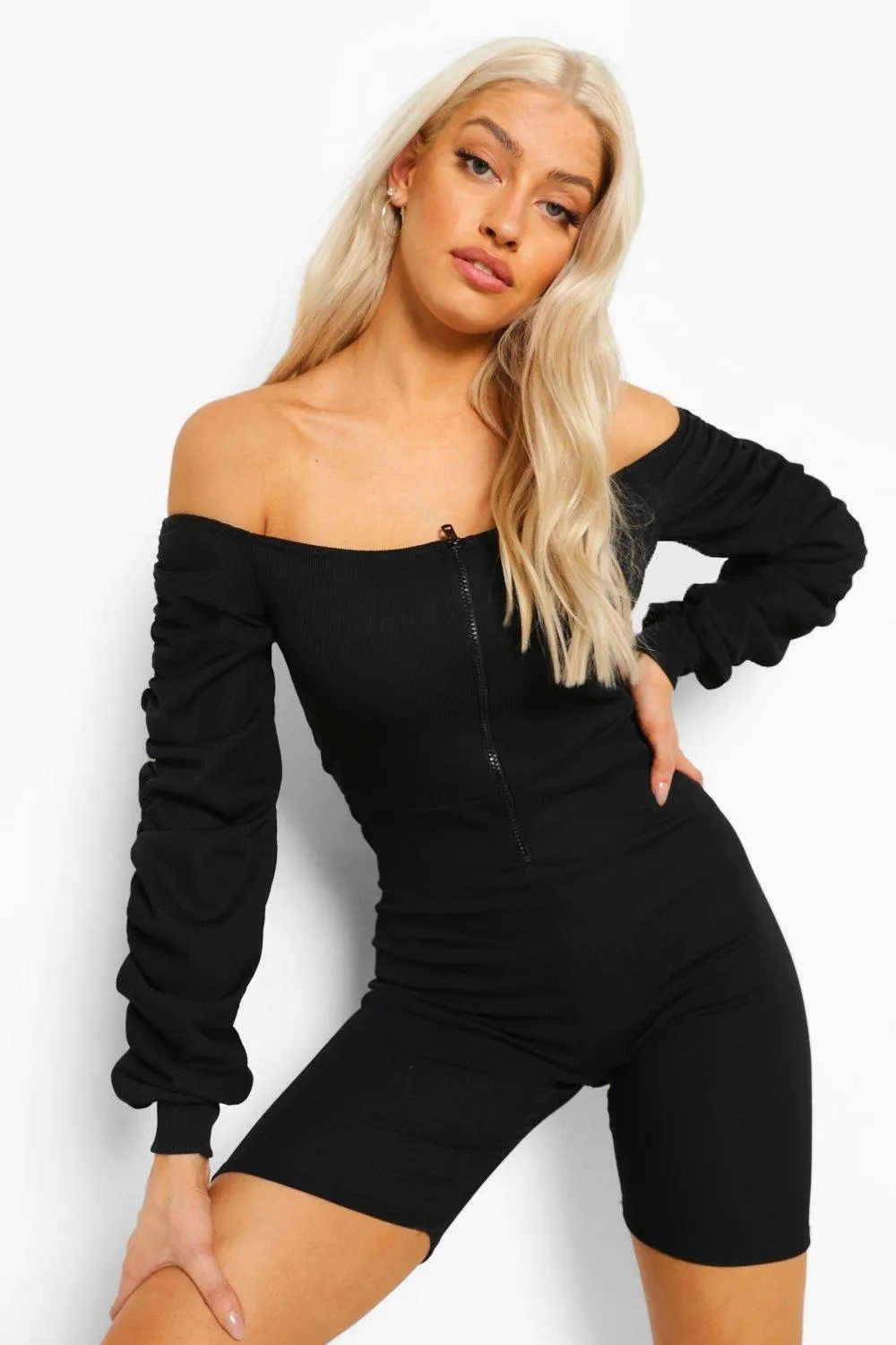 Off The Shoulder Zip Up Unitard Romper