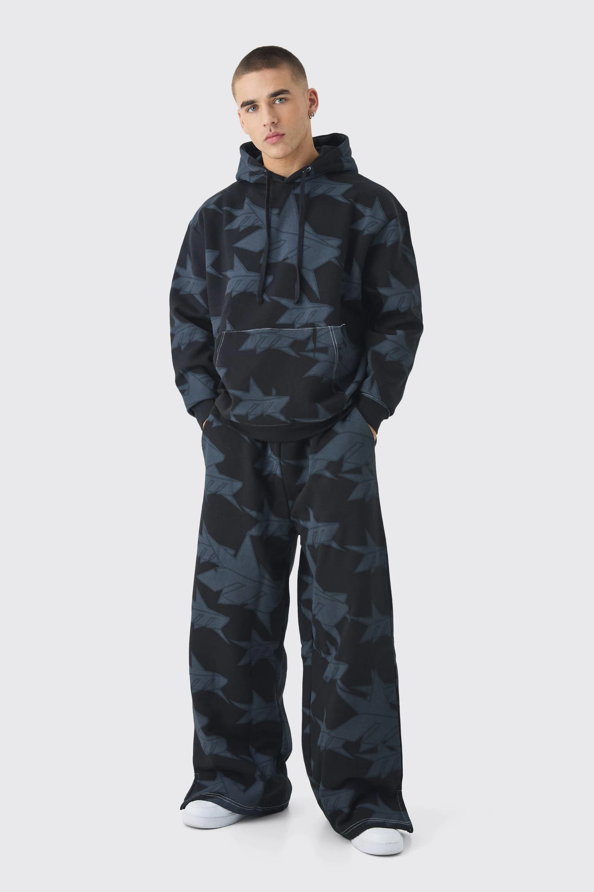 Oversized All Over Star Print Hooded Tracksuit