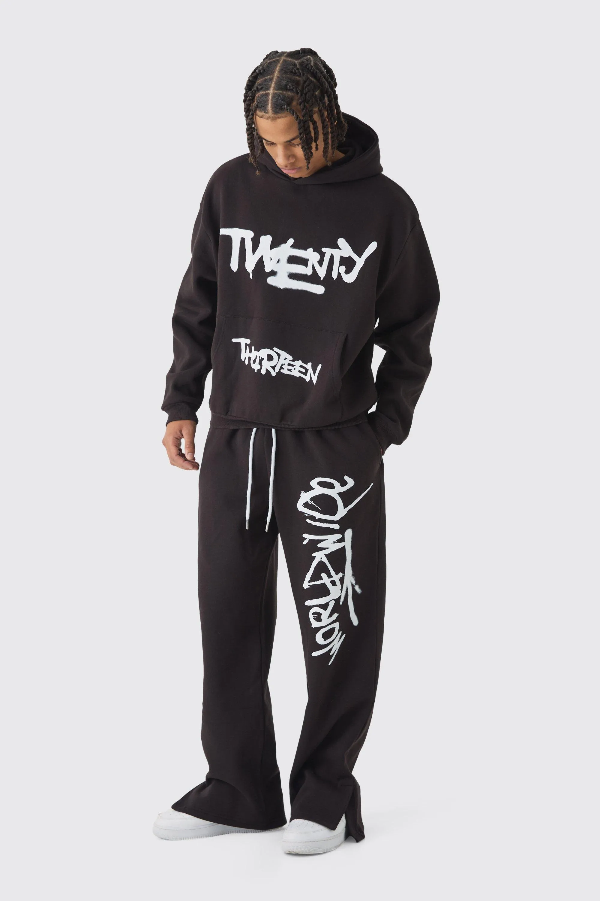 Oversized Boxy Spray Graffiti Print Split Hem Hooded Tracksuit