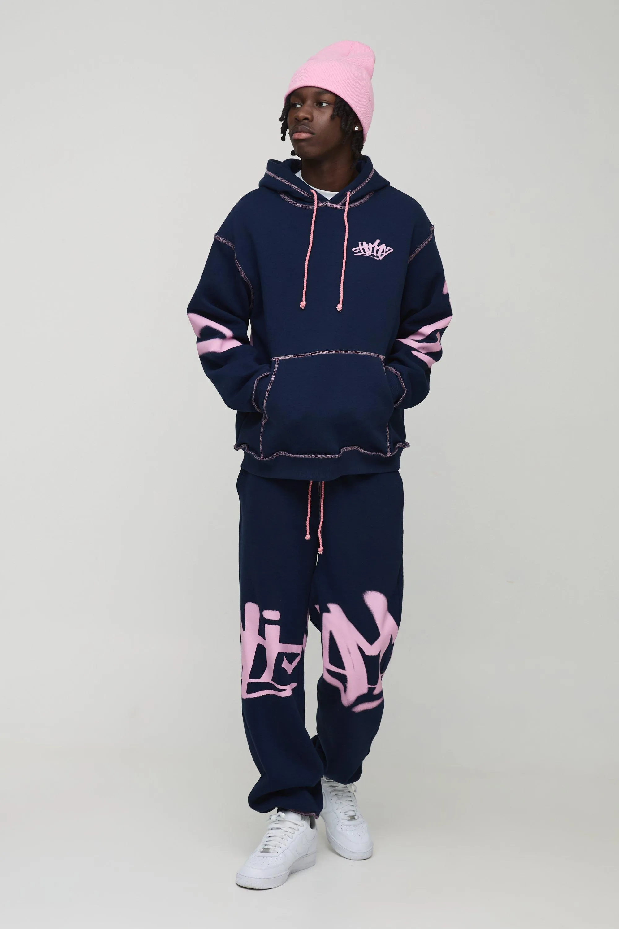 Oversized Man Graffiti Rope Drawcord Hooded Tracksuit