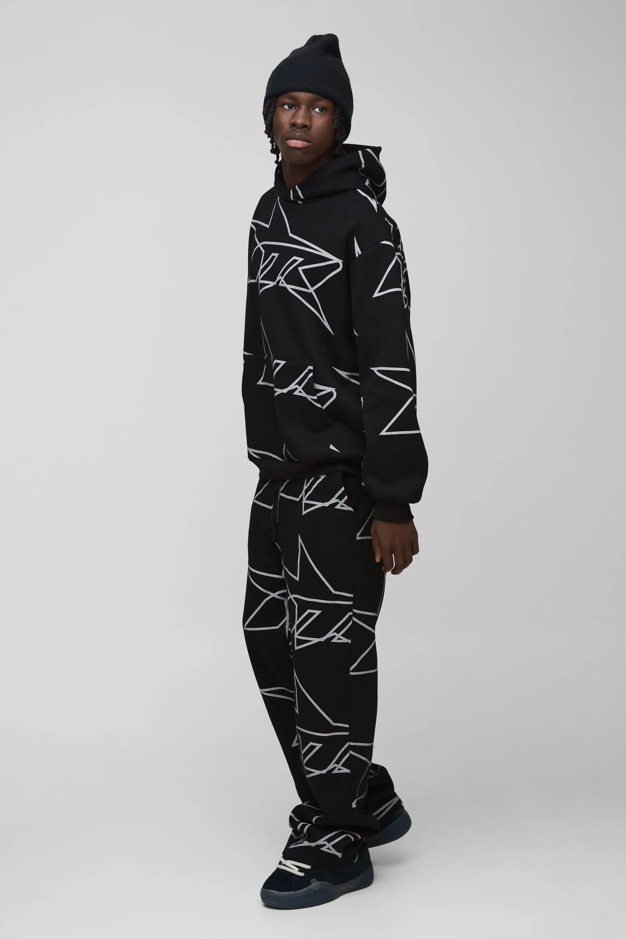 Oversized Star All Over Printed Gusset Flare Hooded Tracksuit