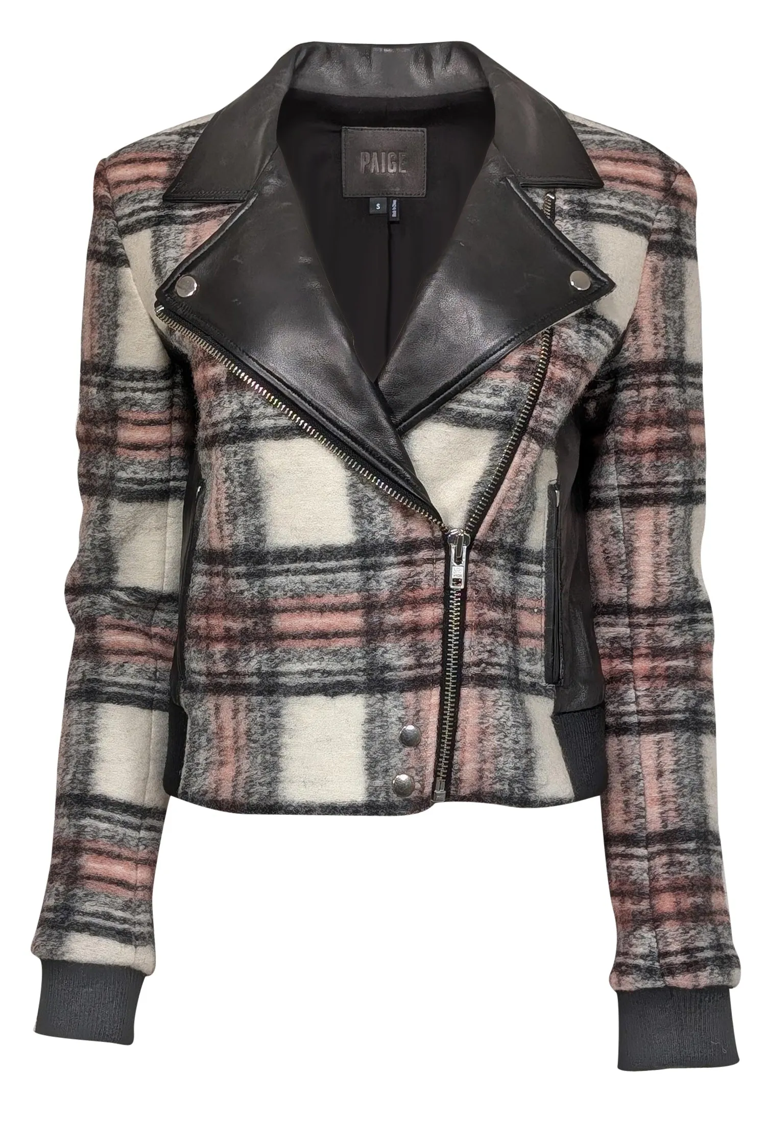 Paige - Black, Pink, & Cream Plaid Moto Jacket w/ Lamb Leather Detail Sz S