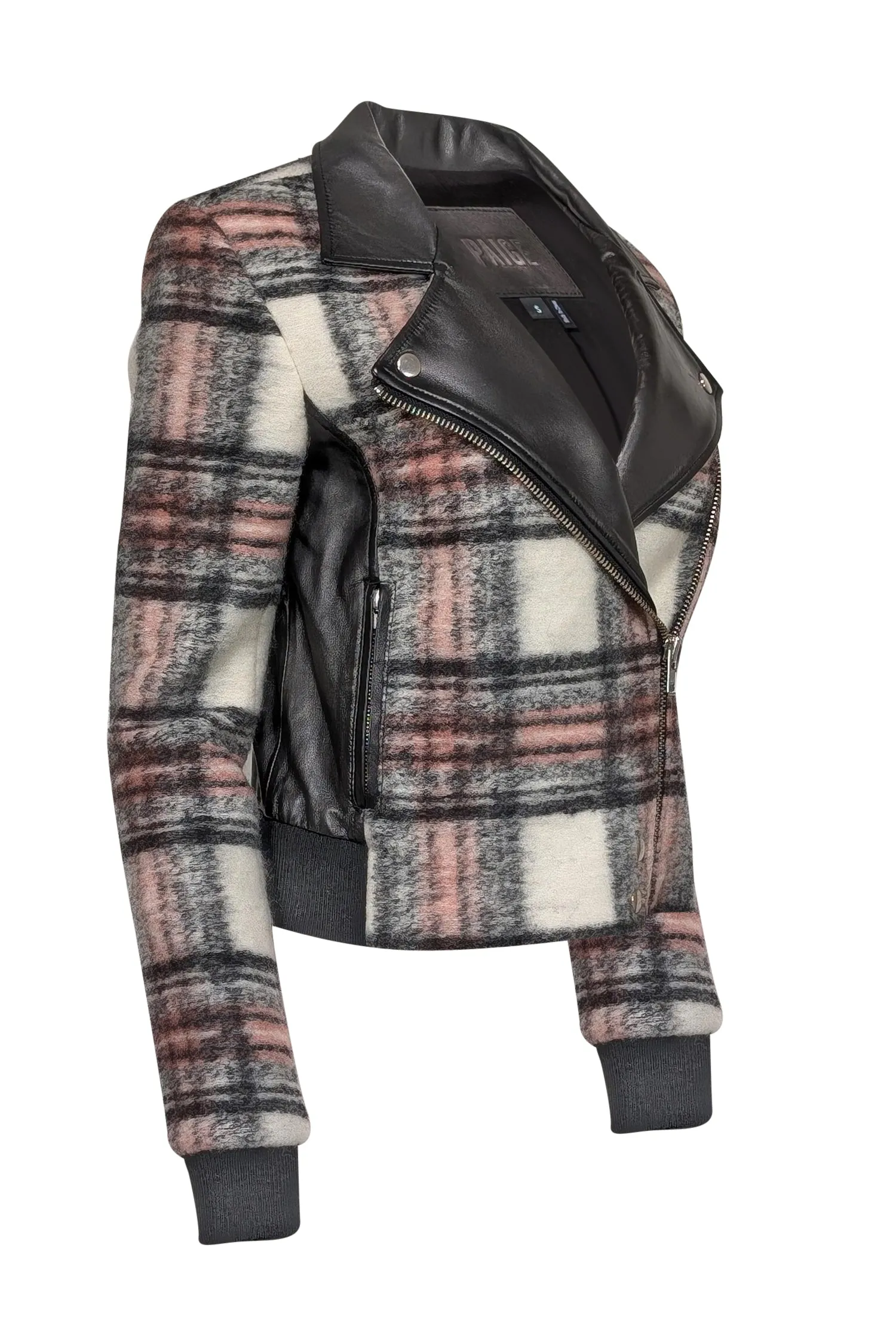 Paige - Black, Pink, & Cream Plaid Moto Jacket w/ Lamb Leather Detail Sz S