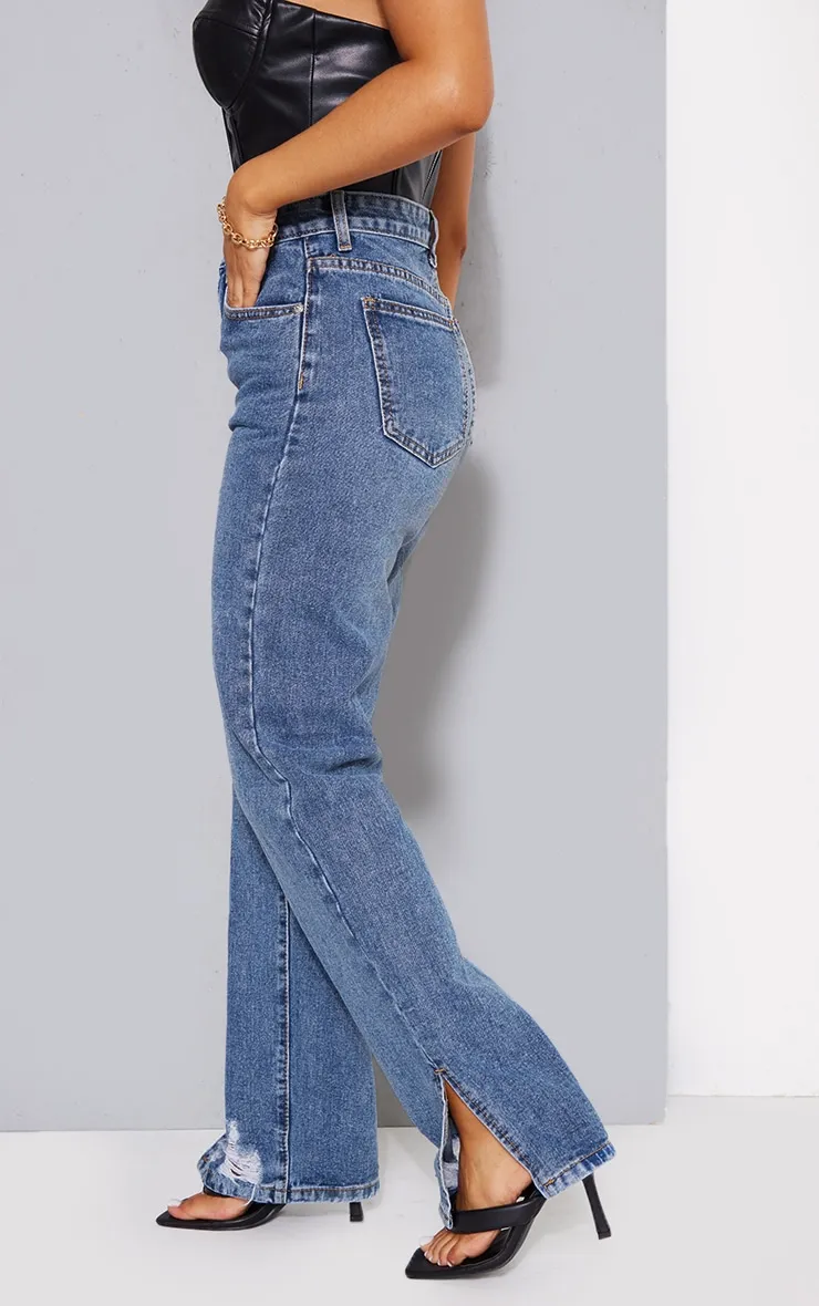 Petite Mid Blue Wash Split Hem Straight Leg Jeans