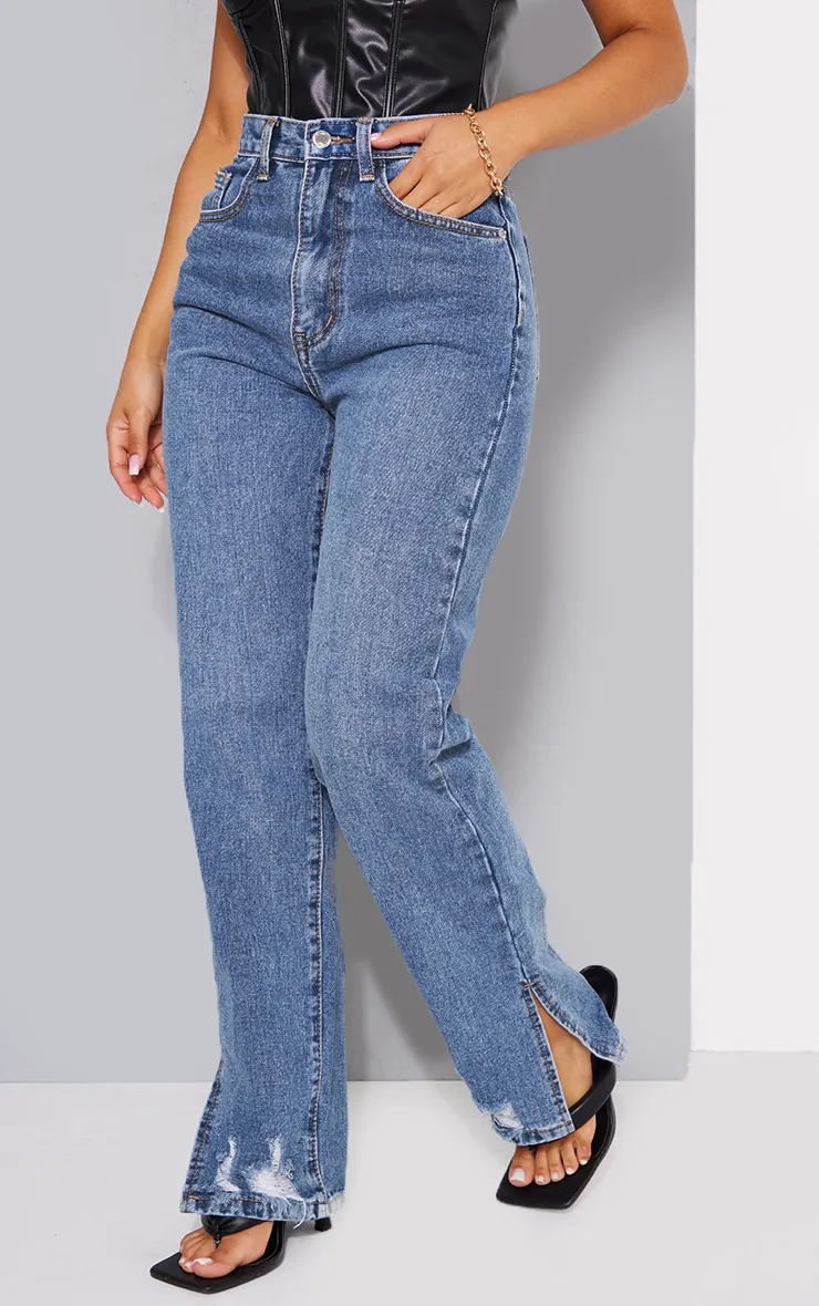 Petite Mid Blue Wash Split Hem Straight Leg Jeans