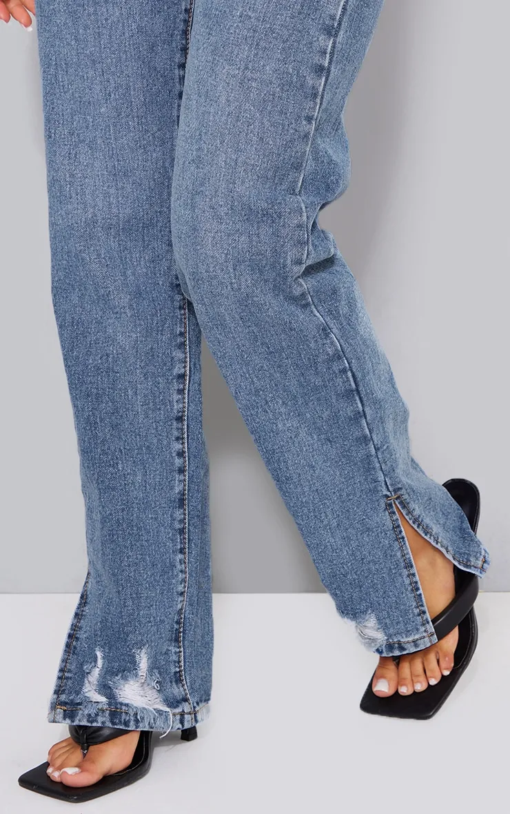 Petite Mid Blue Wash Split Hem Straight Leg Jeans