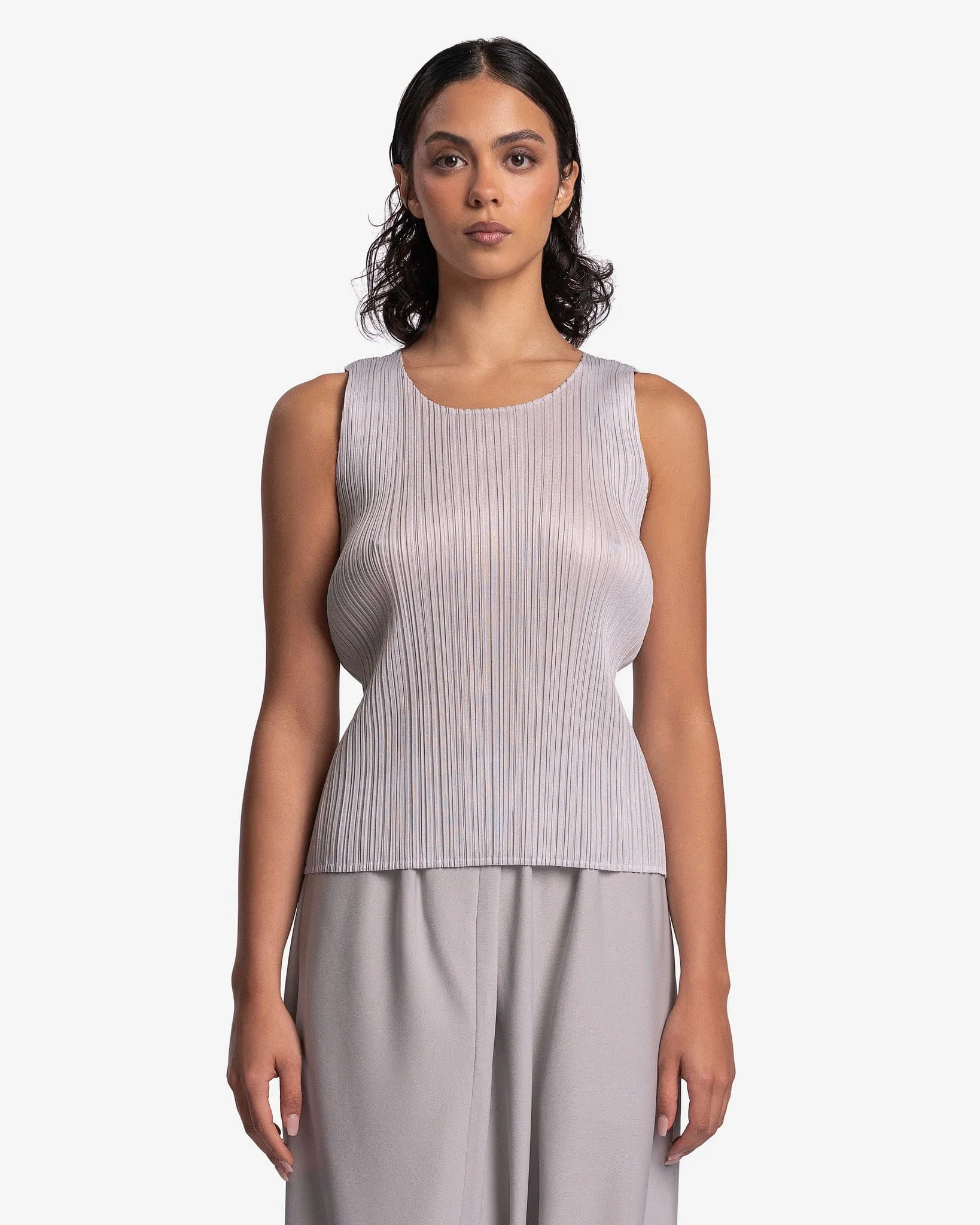 Pleats Please Issey Miyake Basics Sleeveless Top in Light Gray