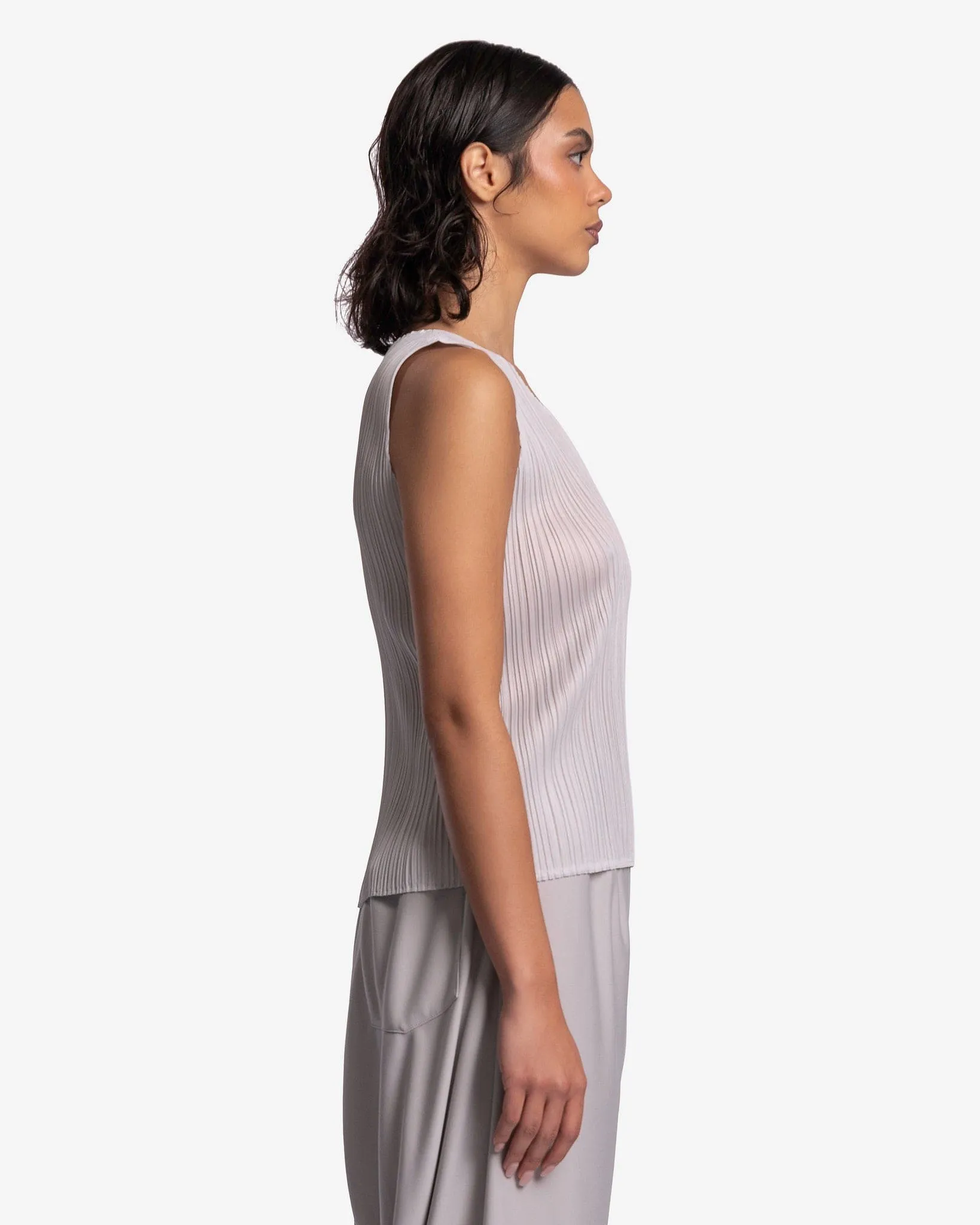 Pleats Please Issey Miyake Basics Sleeveless Top in Light Gray