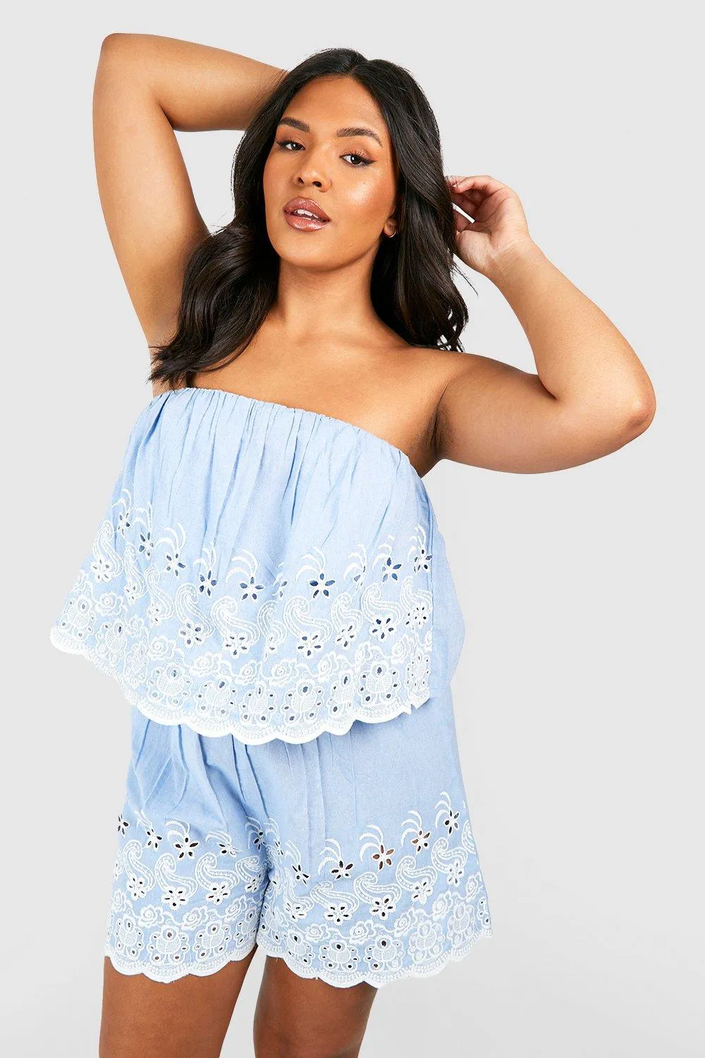 Plus Chambray Embroidered Romper