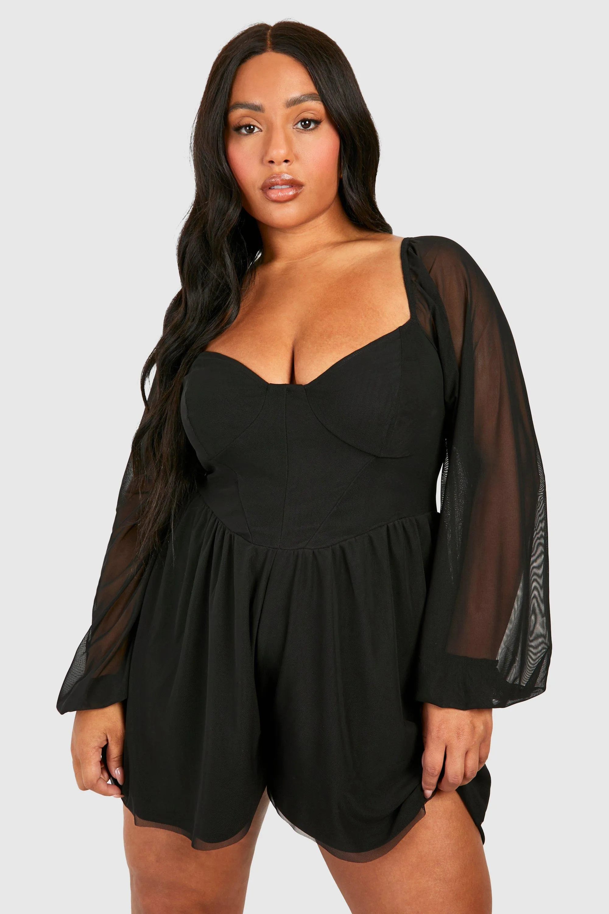 Plus Mesh Balloon Sleeve Corset Detail Floaty Romper