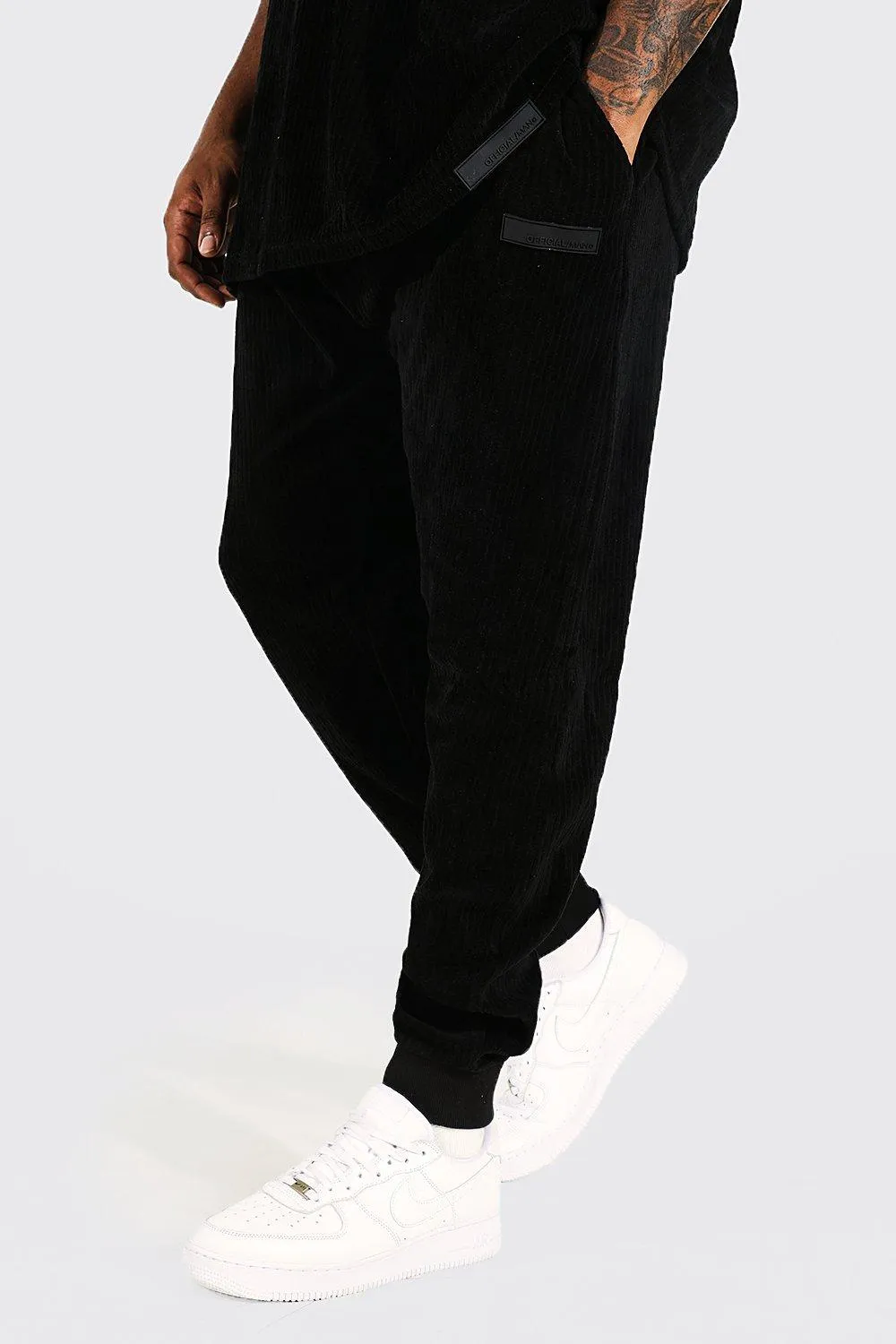 Plus Slim Fit Ribbed Jersey Joggers With Tab | boohooMAN UK