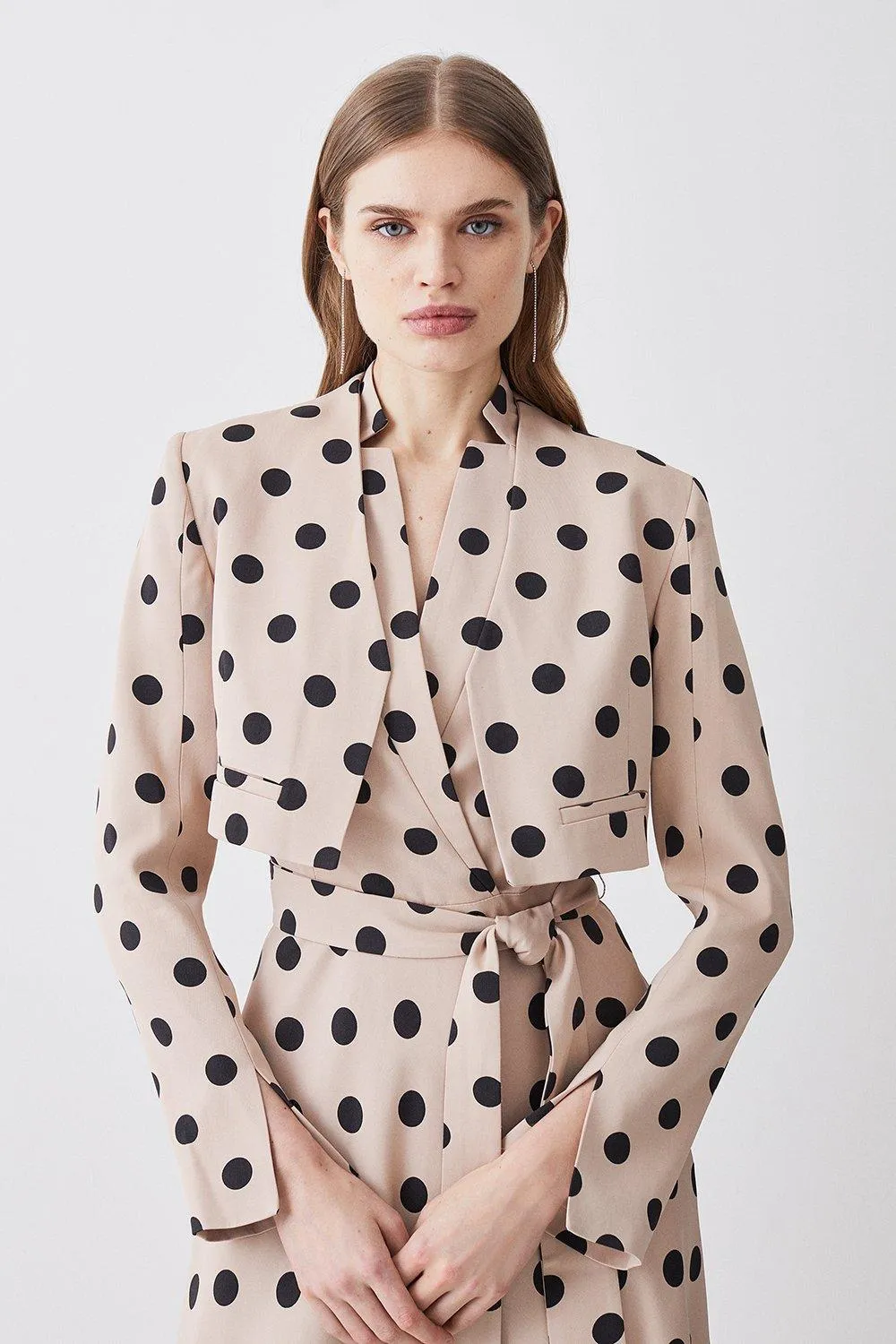 Polka Dot Linen Edge To Edge Cropped Jacket | Karen Millen