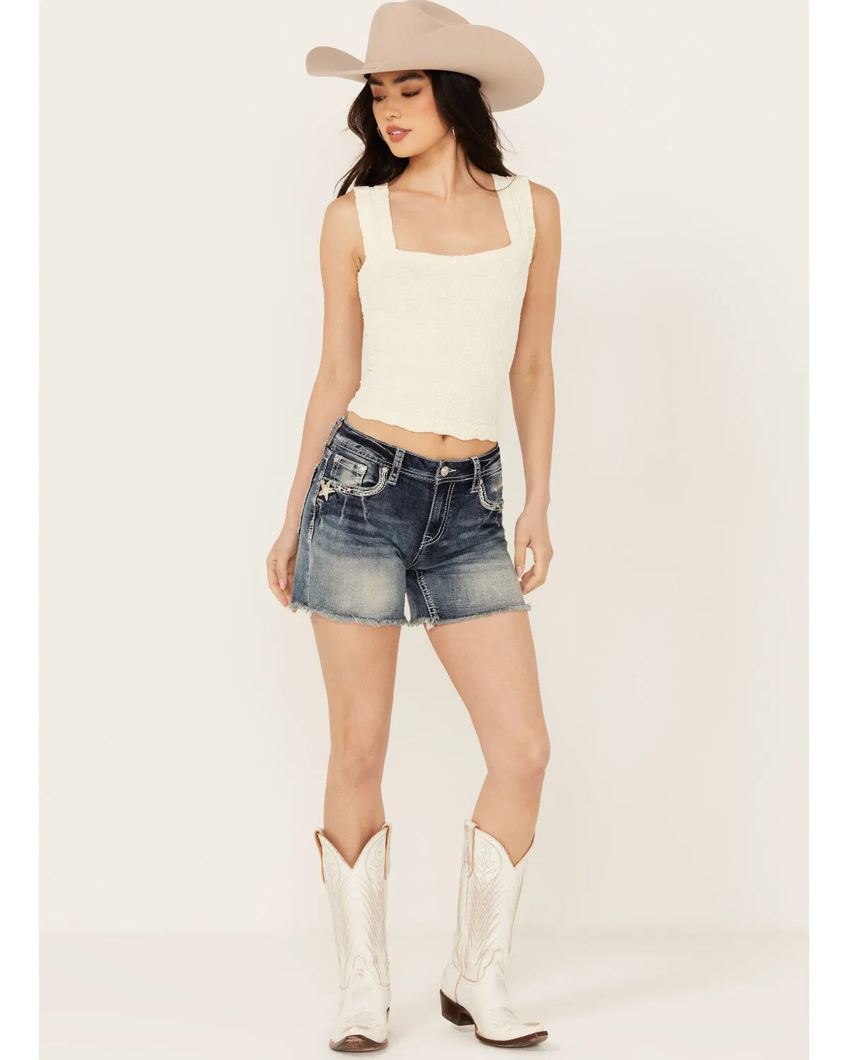 Product Name:  Grace In LA Light Wash Sequin Horseshoe Pocket Mid Rise Cutoff Stretch Denim Jeans