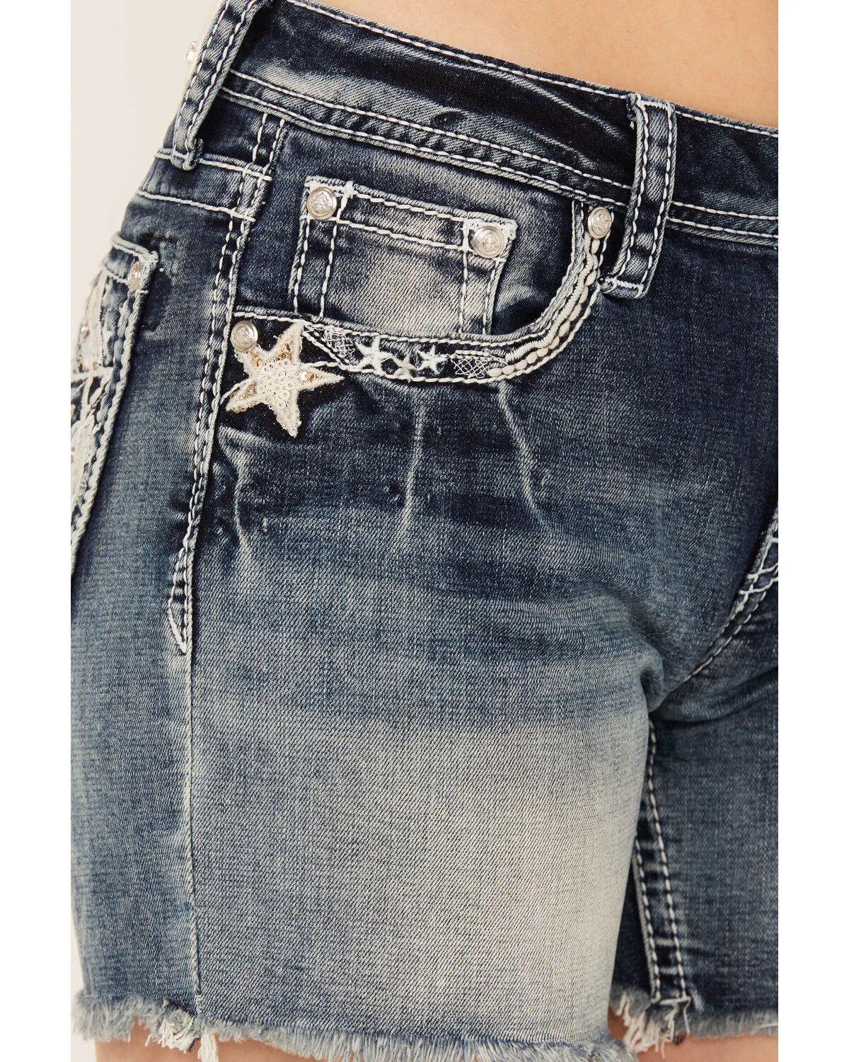 Product Name:  Grace In LA Light Wash Sequin Horseshoe Pocket Mid Rise Cutoff Stretch Denim Jeans