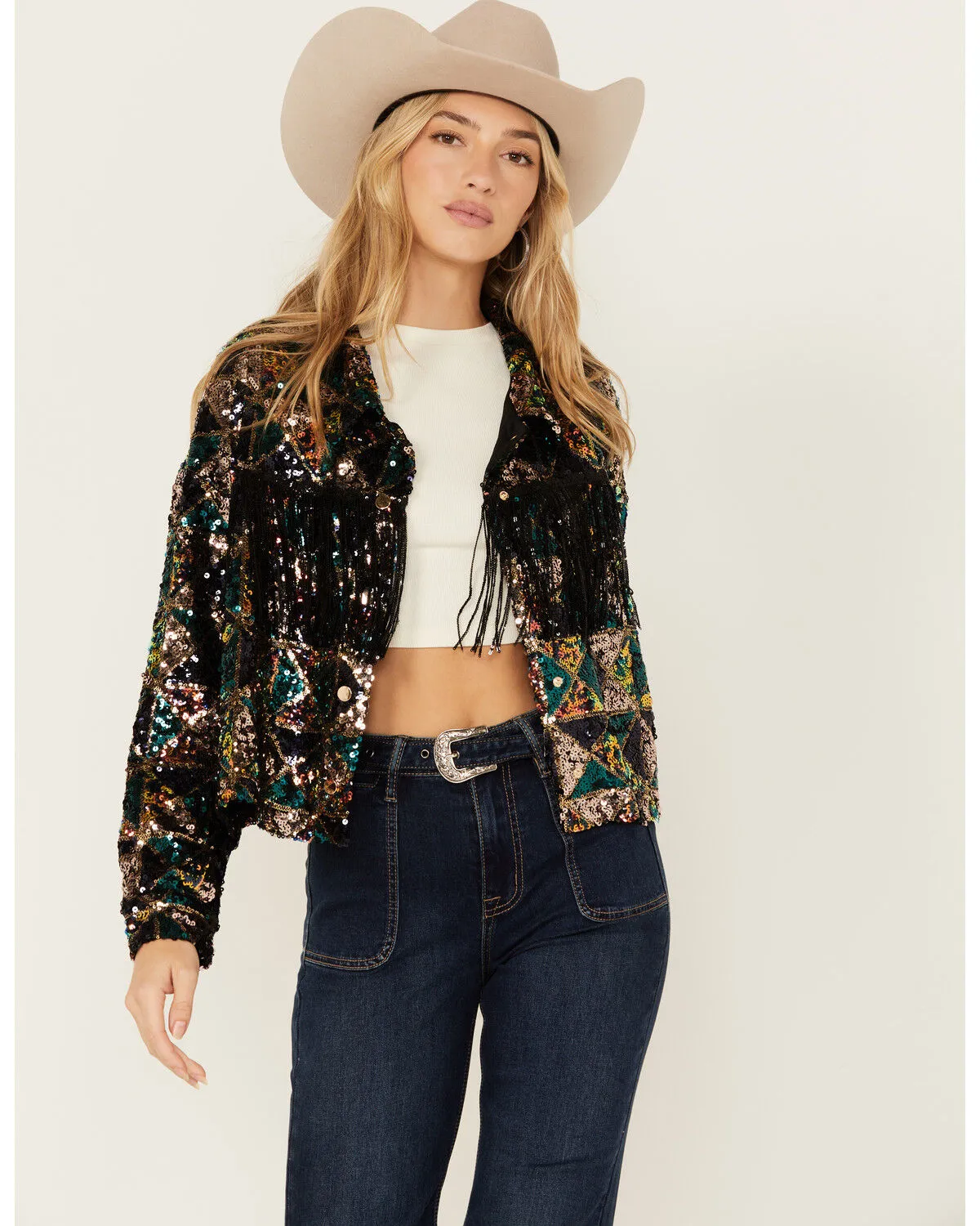 Product Name:  Miss Me Women's Sequin Cropped Fringe Jacket