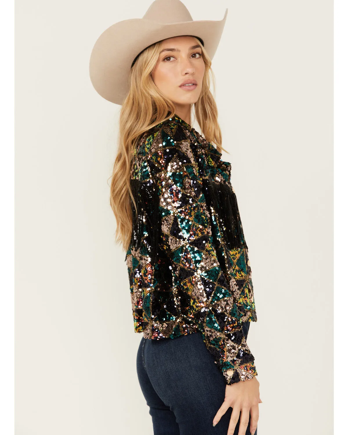 Product Name:  Miss Me Women's Sequin Cropped Fringe Jacket