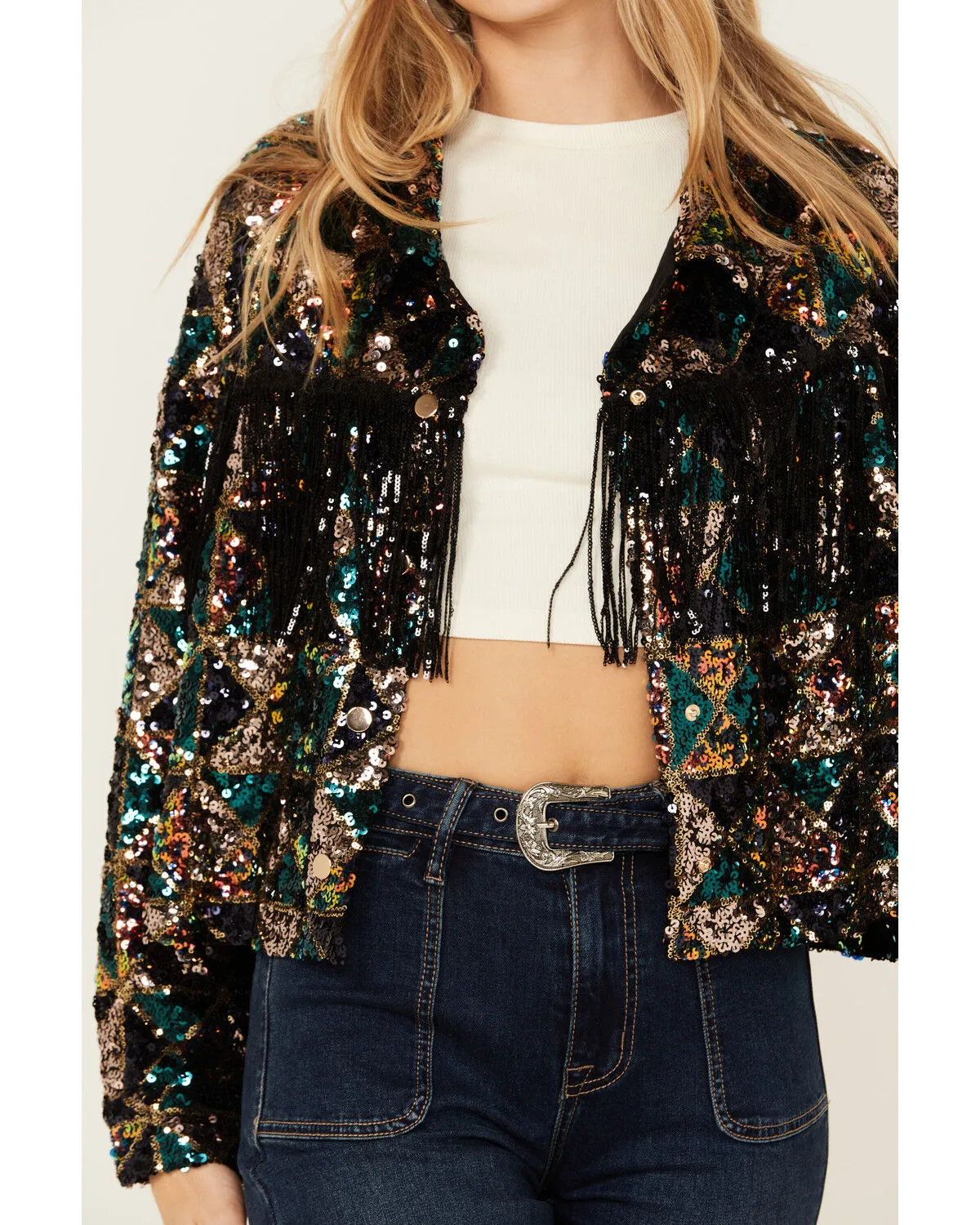 Product Name:  Miss Me Women's Sequin Cropped Fringe Jacket