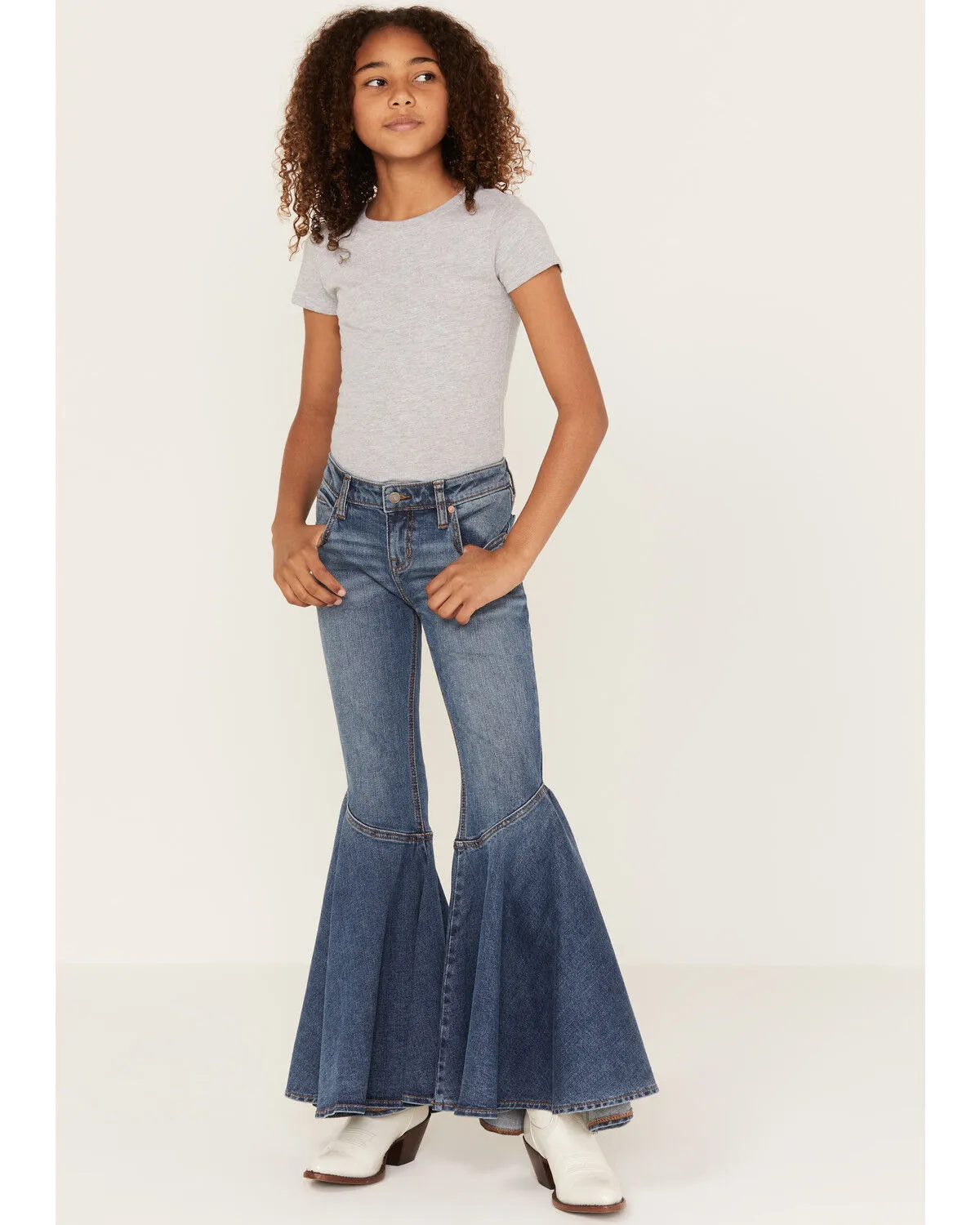 Product Name:  Shyanne Girls' Medium Wash Ruffle Trumpet Flare Jeans