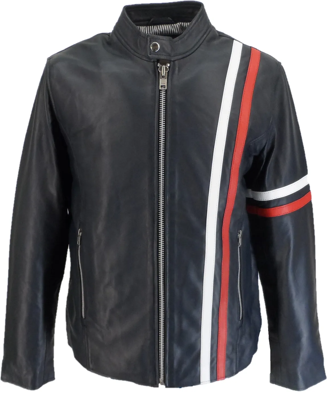 Real Hoxton Mens Navy Blue/White/Red Leather Rally Jacket