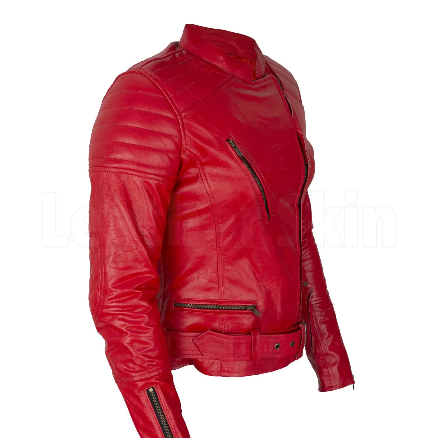 Red Belted Leather Jacket for Women | Leather Skin Shop - Leather Skin Shop