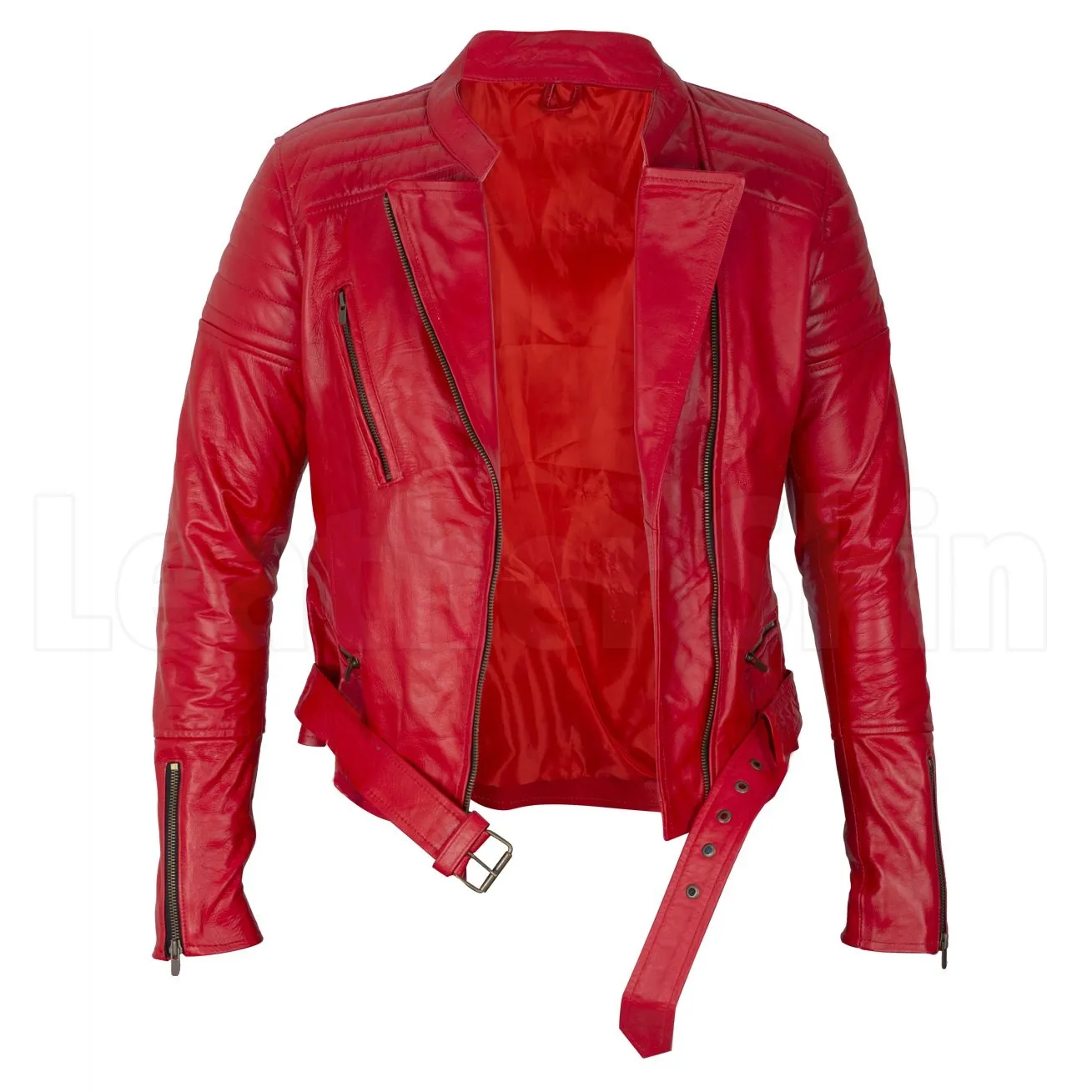 Red Belted Leather Jacket for Women | Leather Skin Shop - Leather Skin Shop