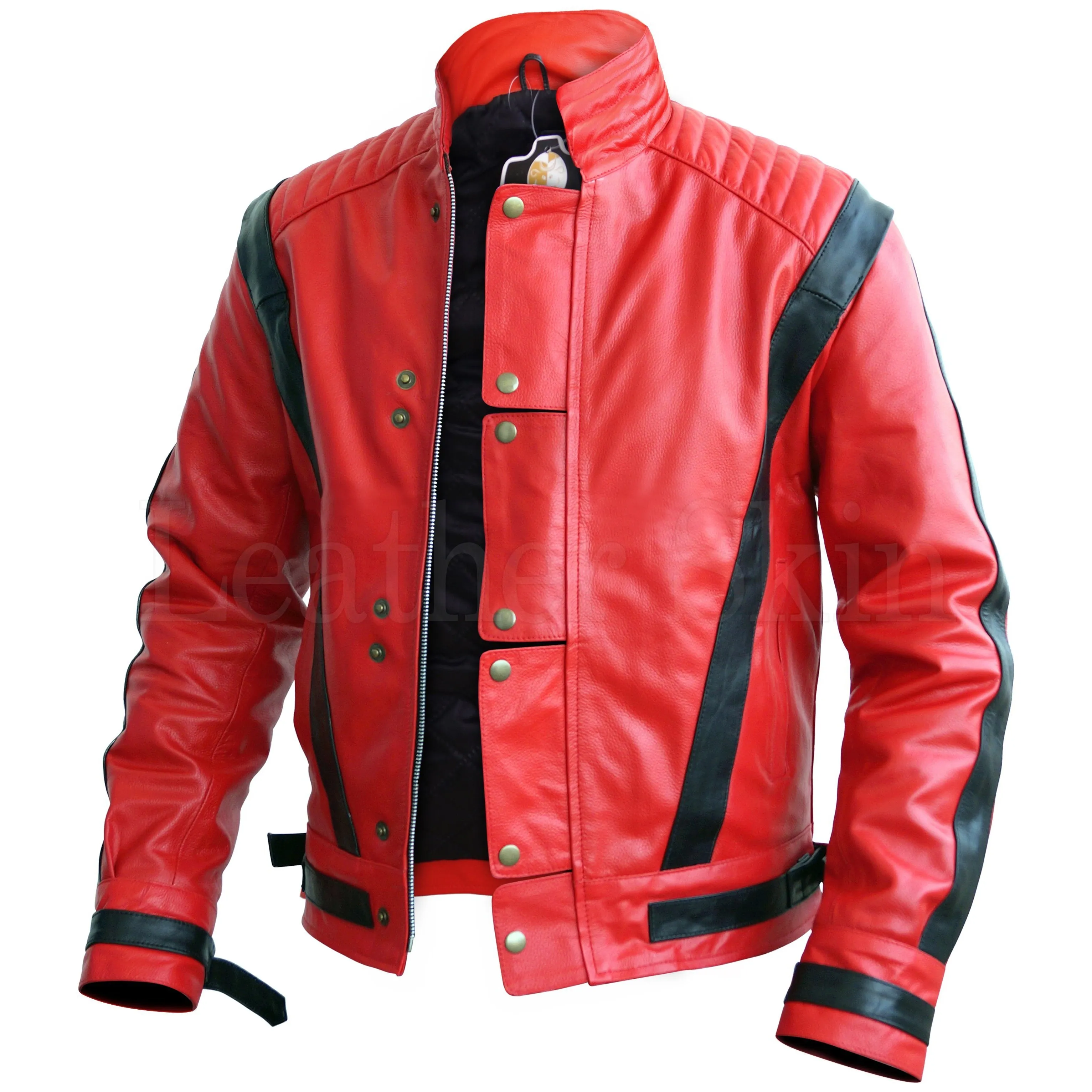 Red Thriller Premium Leather Jacket with Black Stripes - Leather Skin Shop