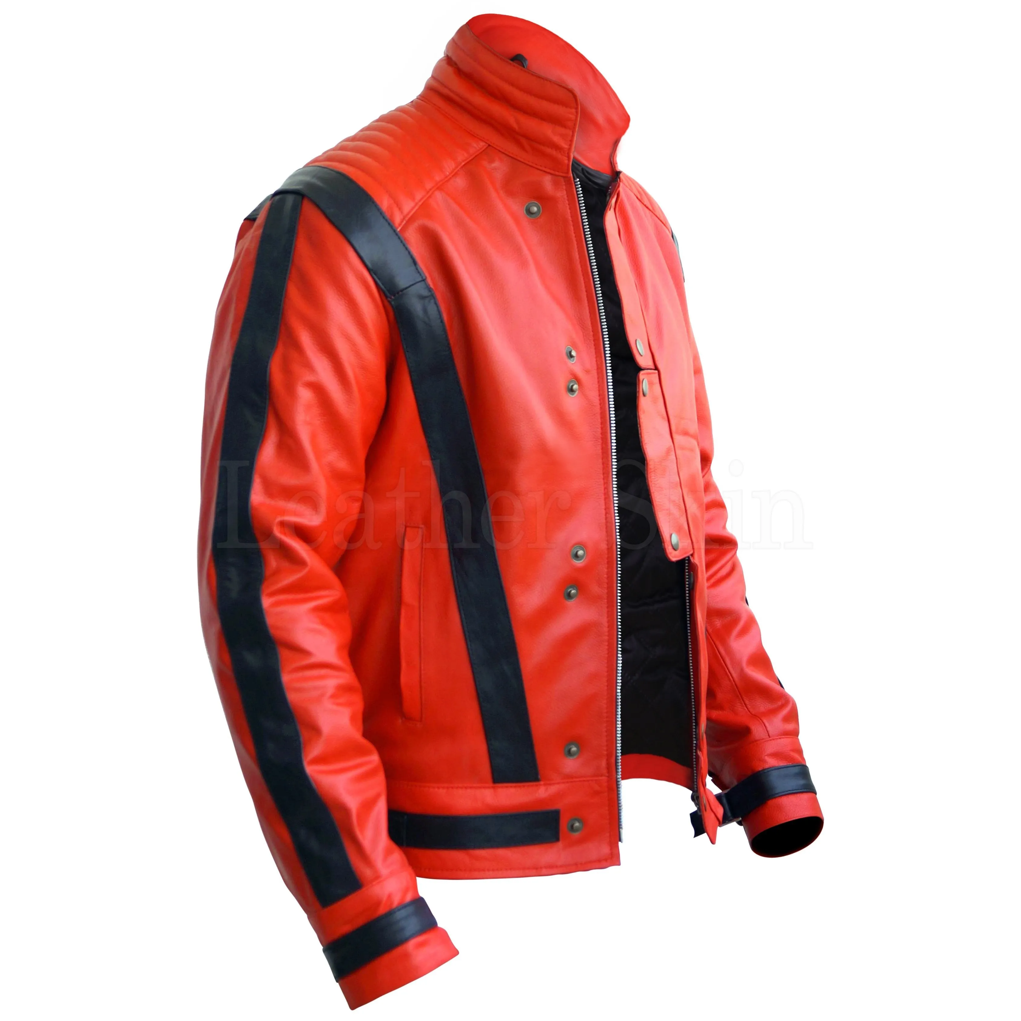 Red Thriller Premium Leather Jacket with Black Stripes - Leather Skin Shop