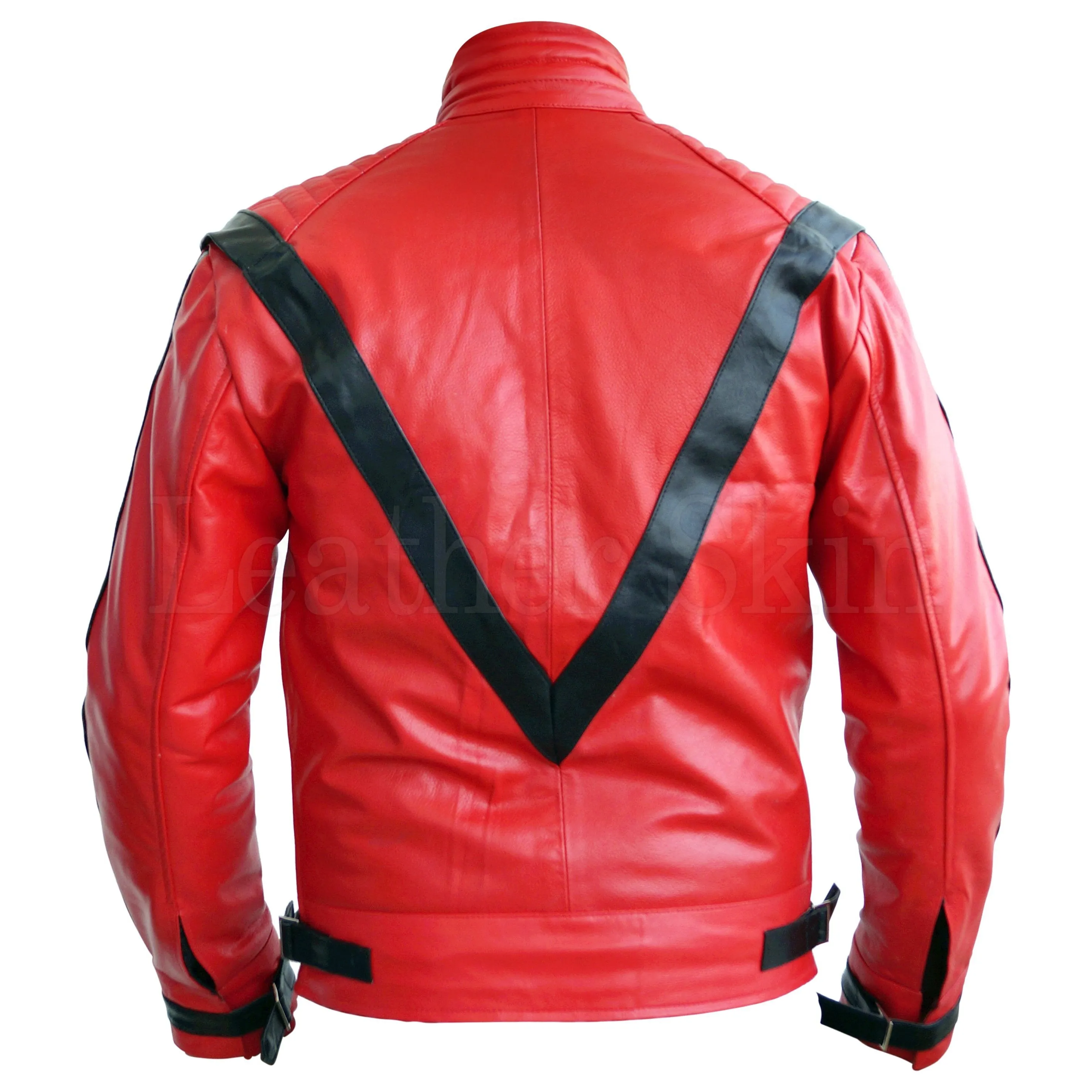 Red Thriller Premium Leather Jacket with Black Stripes - Leather Skin Shop