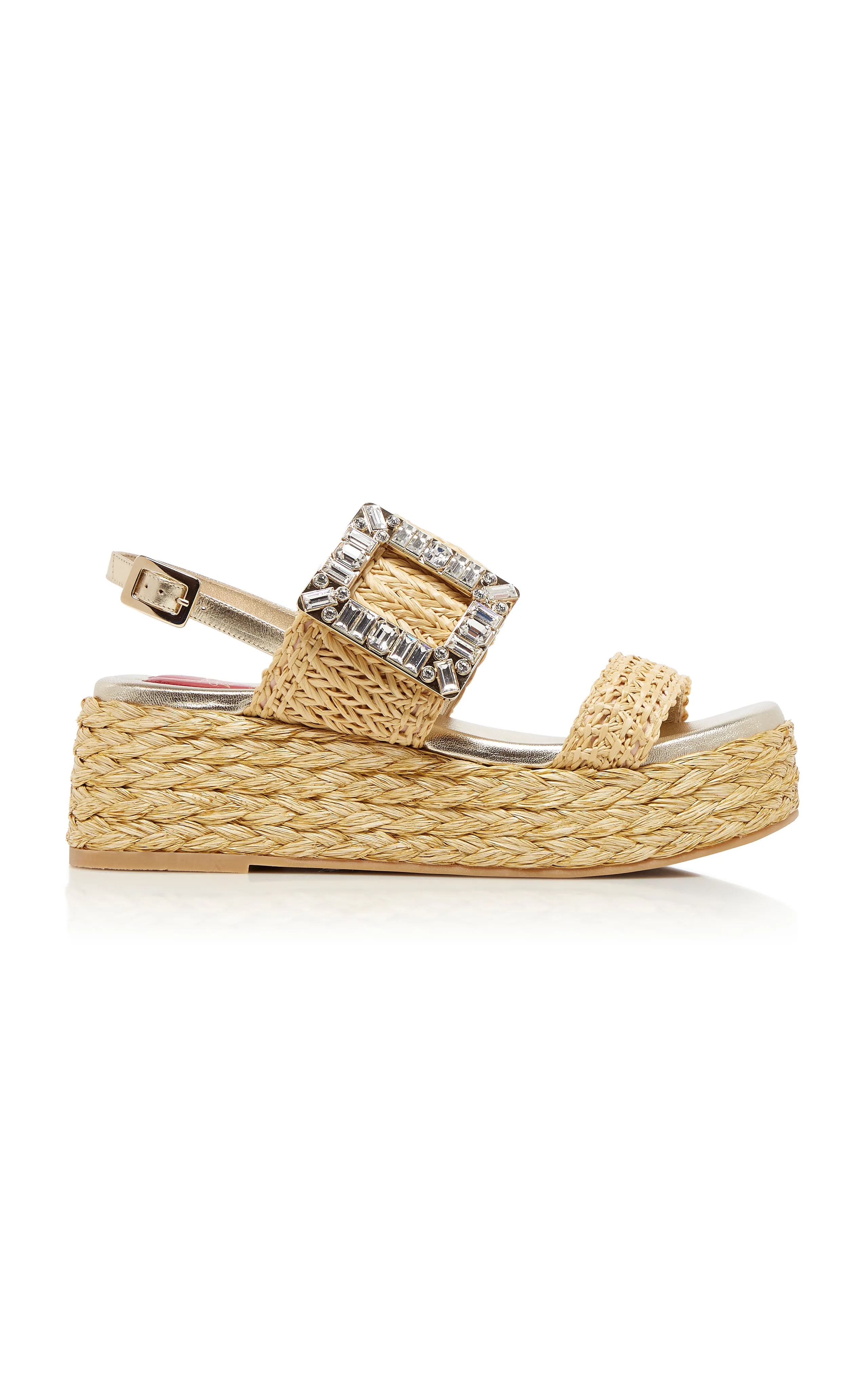 Roger Vivier Crystal-Buckle Raffia Platform Sandals