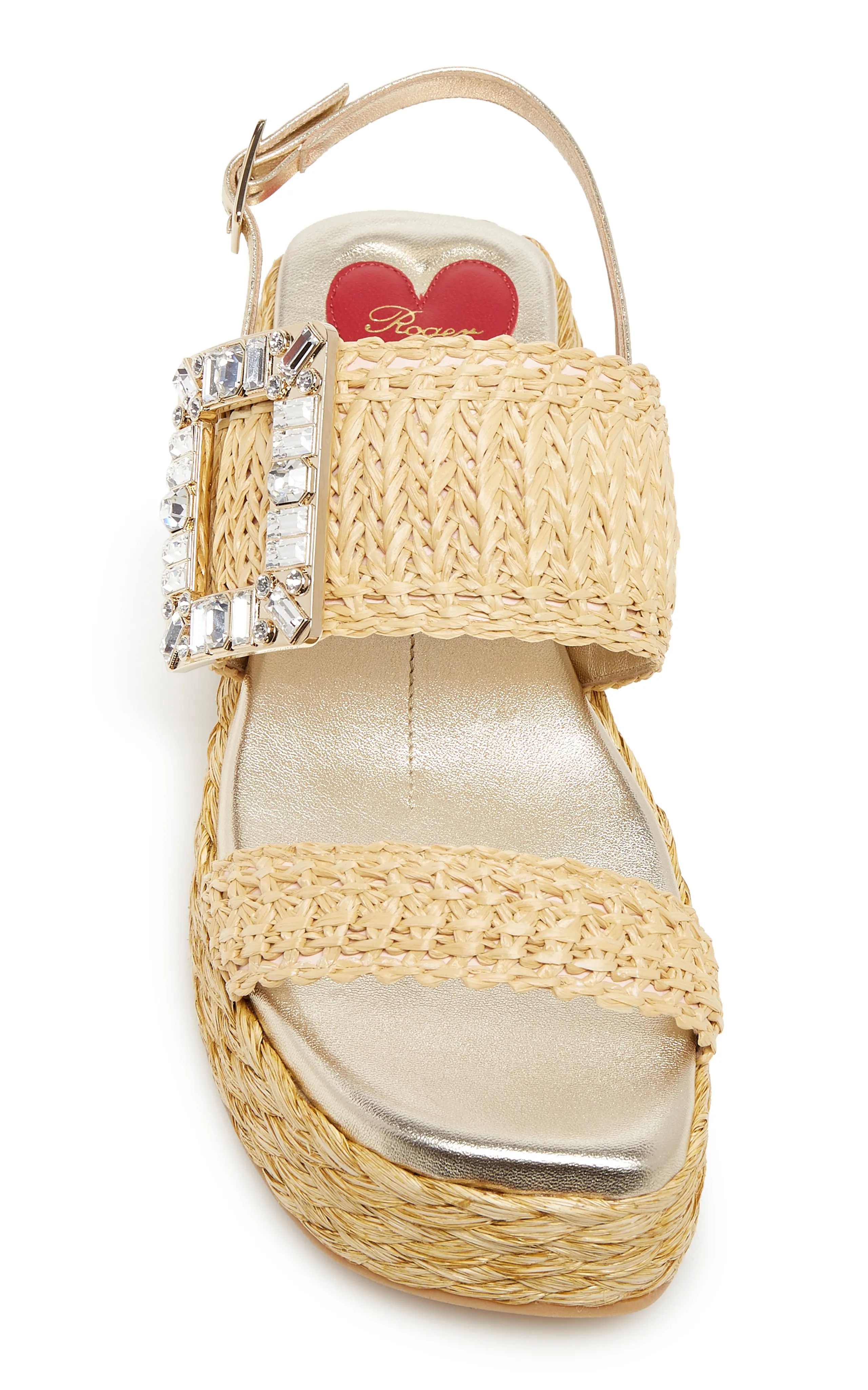 Roger Vivier Crystal-Buckle Raffia Platform Sandals