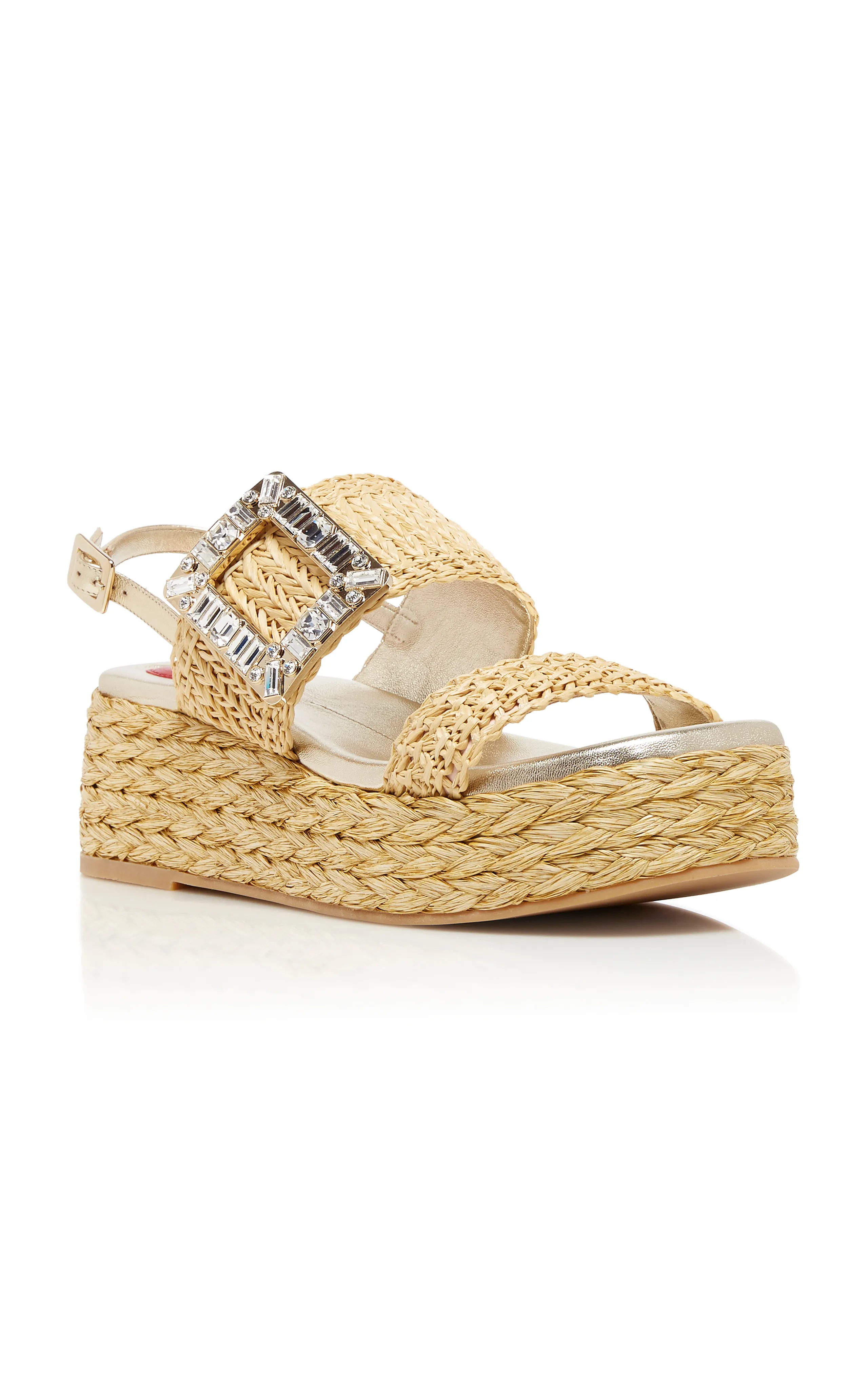 Roger Vivier Crystal-Buckle Raffia Platform Sandals