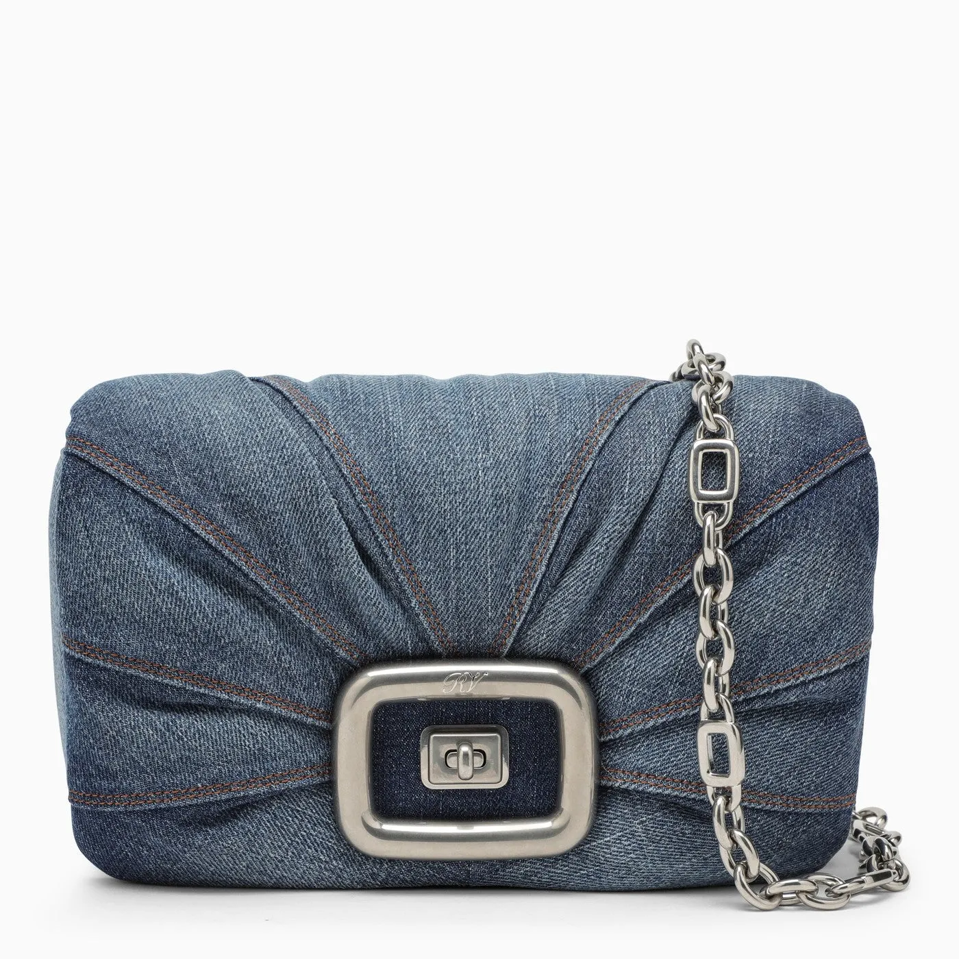 Roger Vivier    Roger Vivier Blue Denim Viv' Choc Shoulder Bag